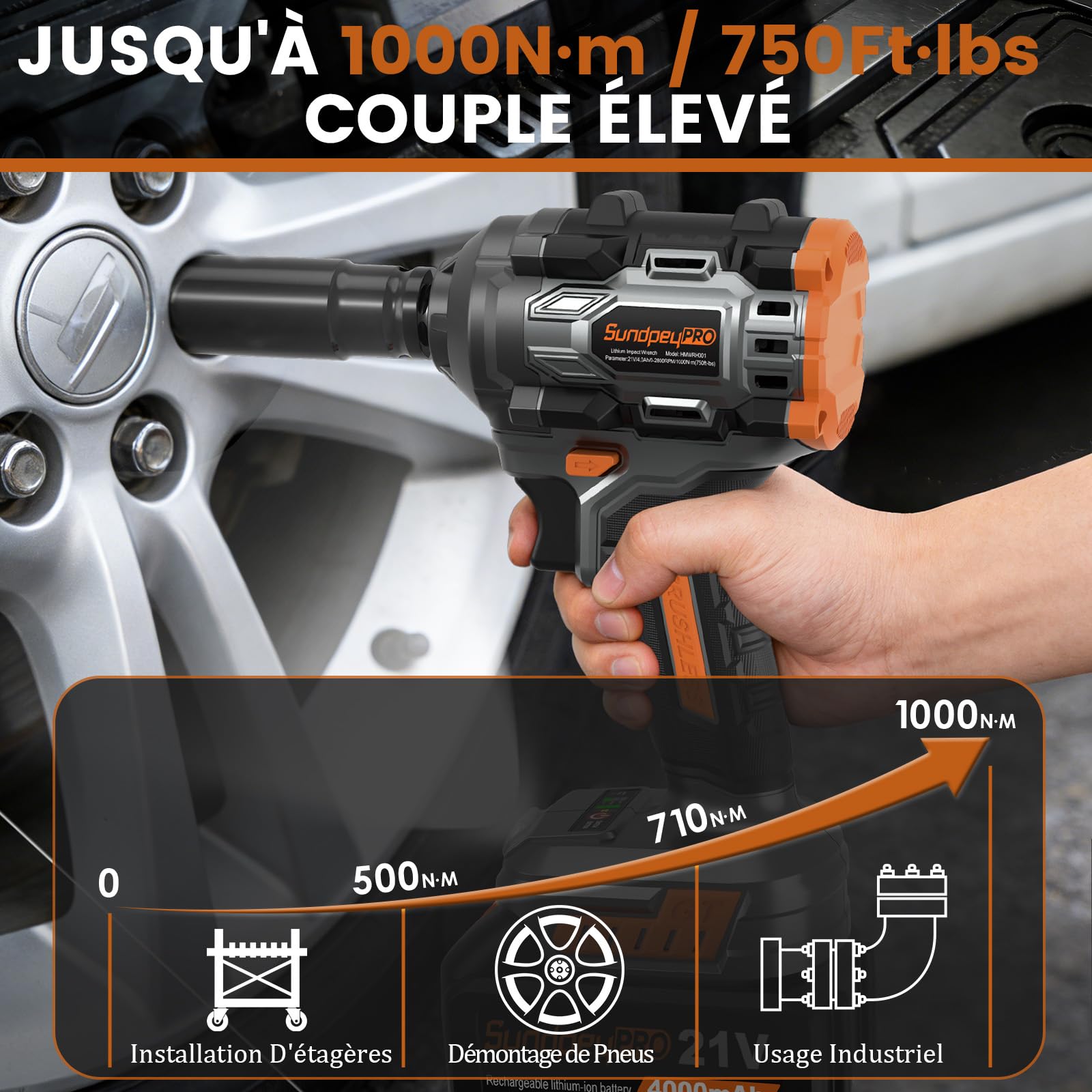 Clé à Choc Sans Fil 1000 Nm, Boulonneuse à Choc Électrique 21V avec 2 Batteries 4.0Ah et 6 Douilles, Moteur Brushless, pour Démontage de Roues, Mécanique Auto et Bricolage