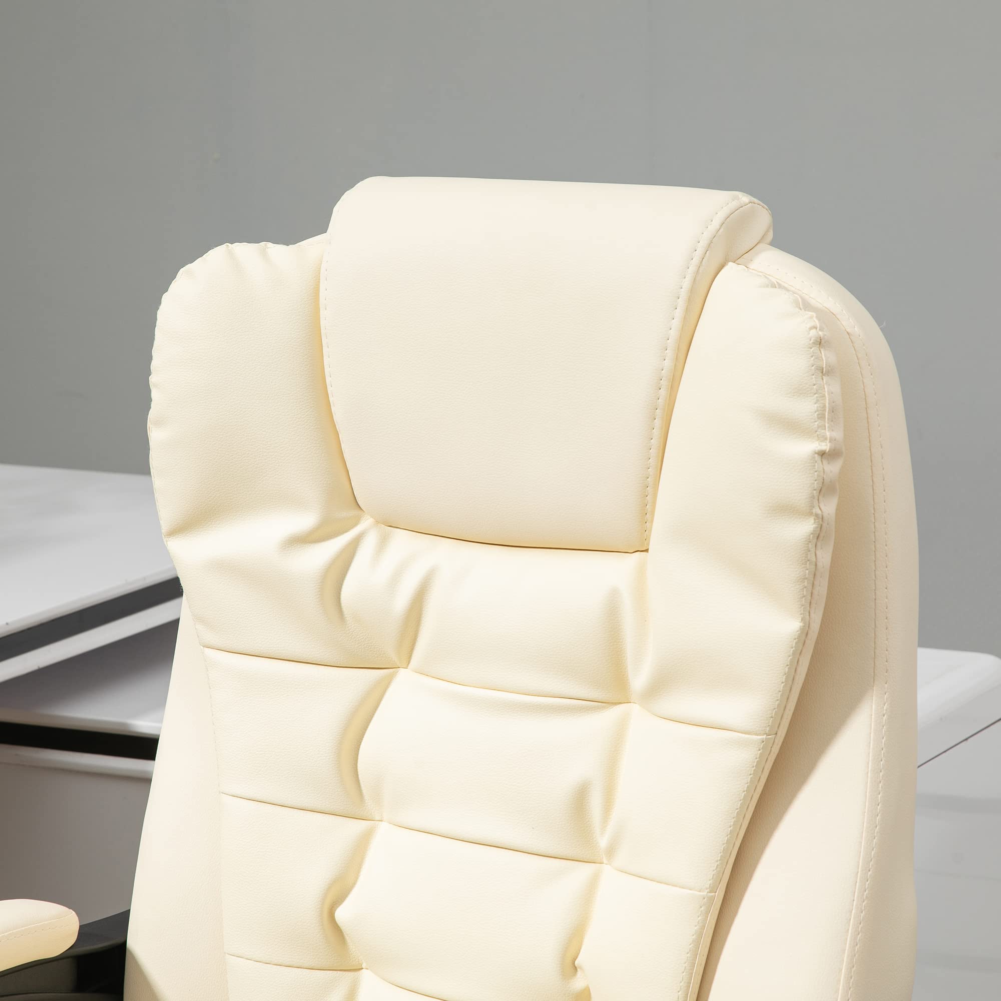 HOMCOM Silla de Oficina Reclinable con Reposapiés Altura Ajustable Crema | Silla de Escritorio Giratoria, Tapizada en PU, con Reposabrazos, para Estudio