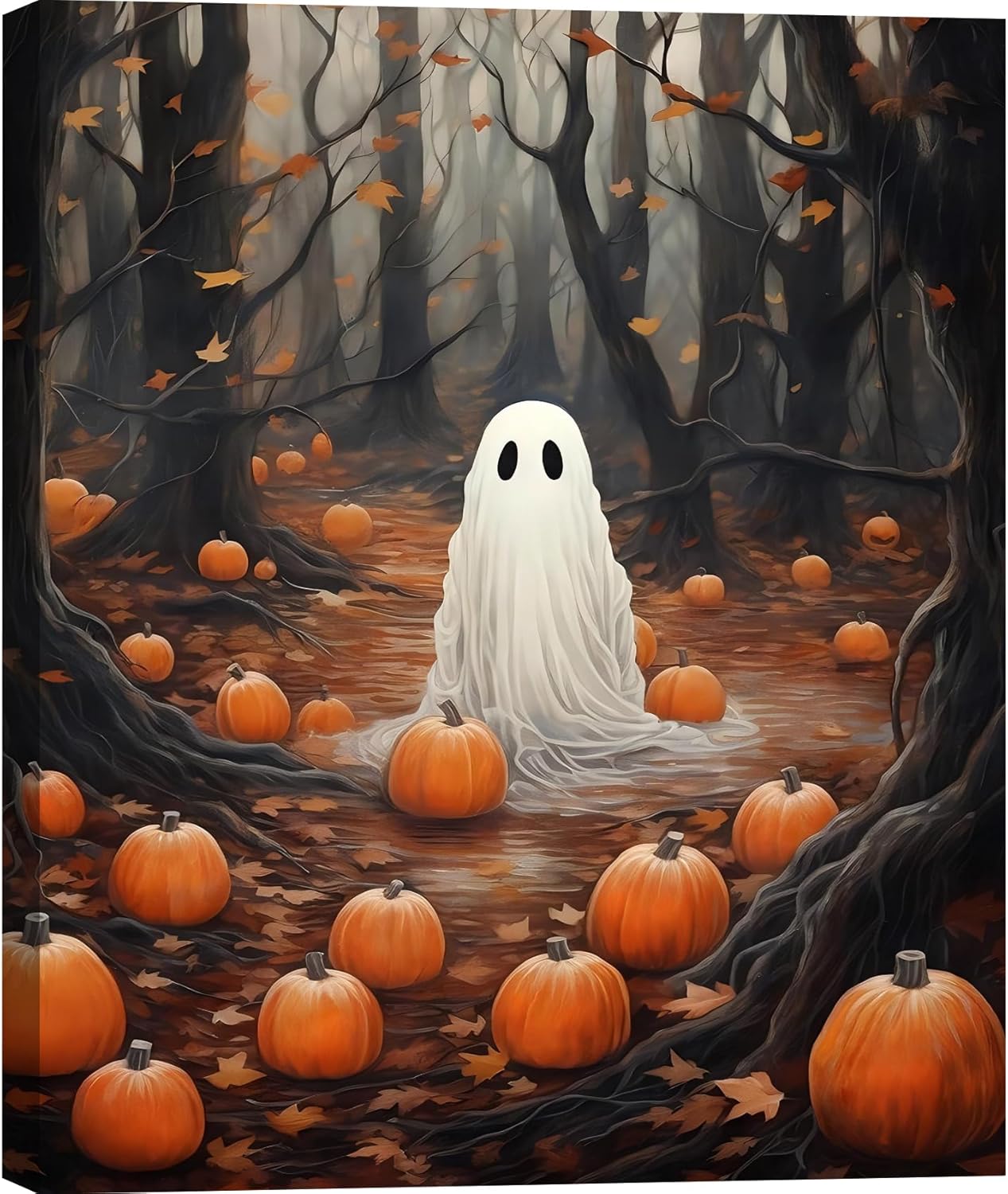 FLZYKGPA Vintage Halloween Canvas Wall Art 24x36, Single Ghosts In Haunted Forest Poster for kids Room, Spooky Pumpkin Pictures Print for Living Room, Dark Academia Halloween Art Wall Decor