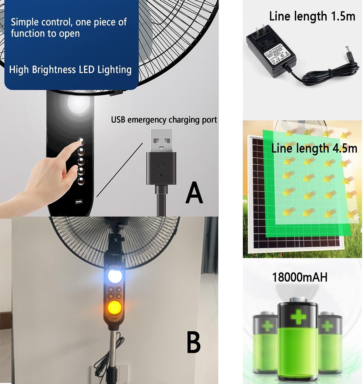 Pedestal Fan, Oscillating Solar Fans/Floor Fans/Camping Fans, Adjustable Height, Can be used both indoors and outdoors，A - button control; B - button + remote control；18"(B)