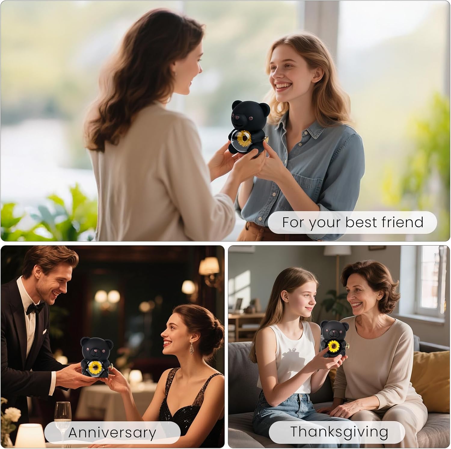 Gifts for Women Birthday Valentines Day, Lucky Sunflower Bear with Necklace & Gift Box for Mom Daughter Sister, Anniversary Wedding Gift for Wife Girlfriend, Surprise Jewelry Box, Black - Image 8