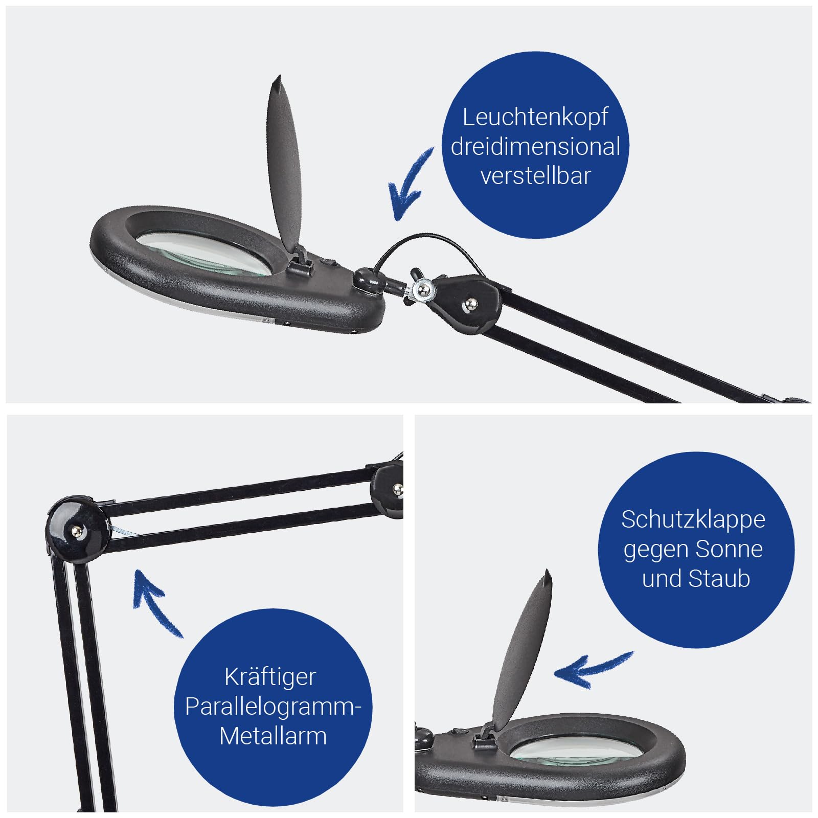 MAUL LED Lupenlampe schwarz MAULviso Tischklemme Echtglas tageslichtweiß | präzise 1.75-fache Vergrößerung, flexibel ausrichtbarer Metallarm, gleichmäßige Ausleuchtung für feine Arbeiten