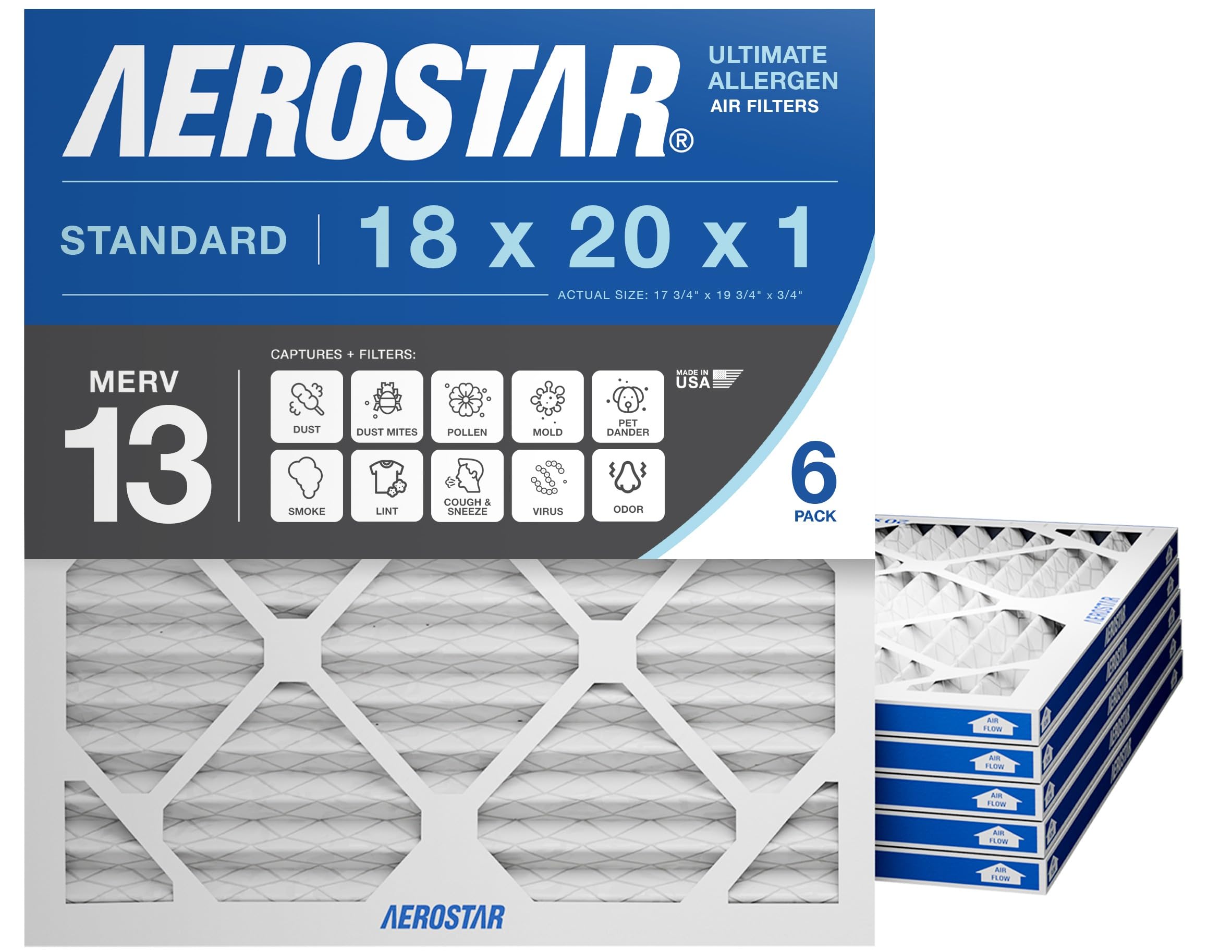 Aerostar 18x20x1 MERV 13 Pleated Air Filter, AC Furnace Air Filter, 6-Pack (Actual Size: 17 3/4" x 19 3/4" x 3/4")