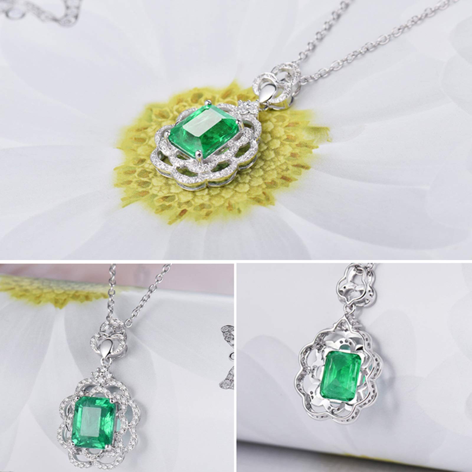 Delicado Collar para Mujer, Flor con Esmeralda creada por Muchacho de 2,5 Quilates, Oro de 18 Quilates/Plata de Ley 925, Collares con Colgante para niñas, Regalo para el día de la Madre/día de San