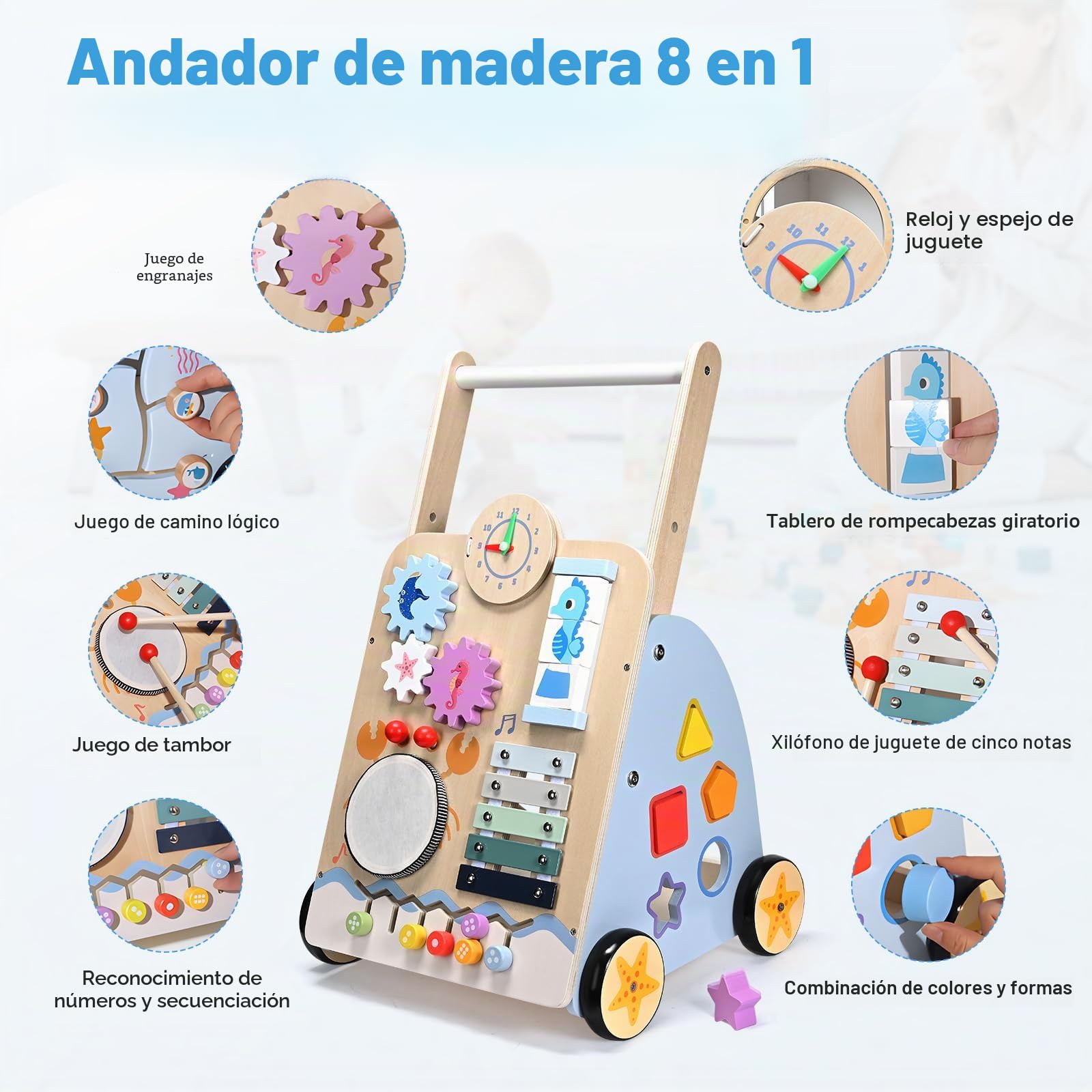 Carrito de Paseo para Bebé, 8 en 1 Juego de Motricidad para Bebé, Andador para Bebé Niño y Niña, Desarrollo cognitivo, Diseño natural y cómodo, Desde 18 meses