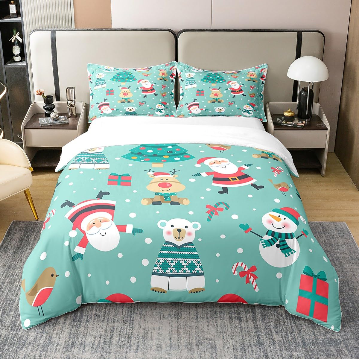 100% Nature Cotton Happy Christmas Duvet Cover,Kids Christmas Tree Santa Graffiti Bedding Set for Room Decor,Cartoon Bears Birds Kids Gifts Room Decor All Season Bedding with Zipper Closure Single