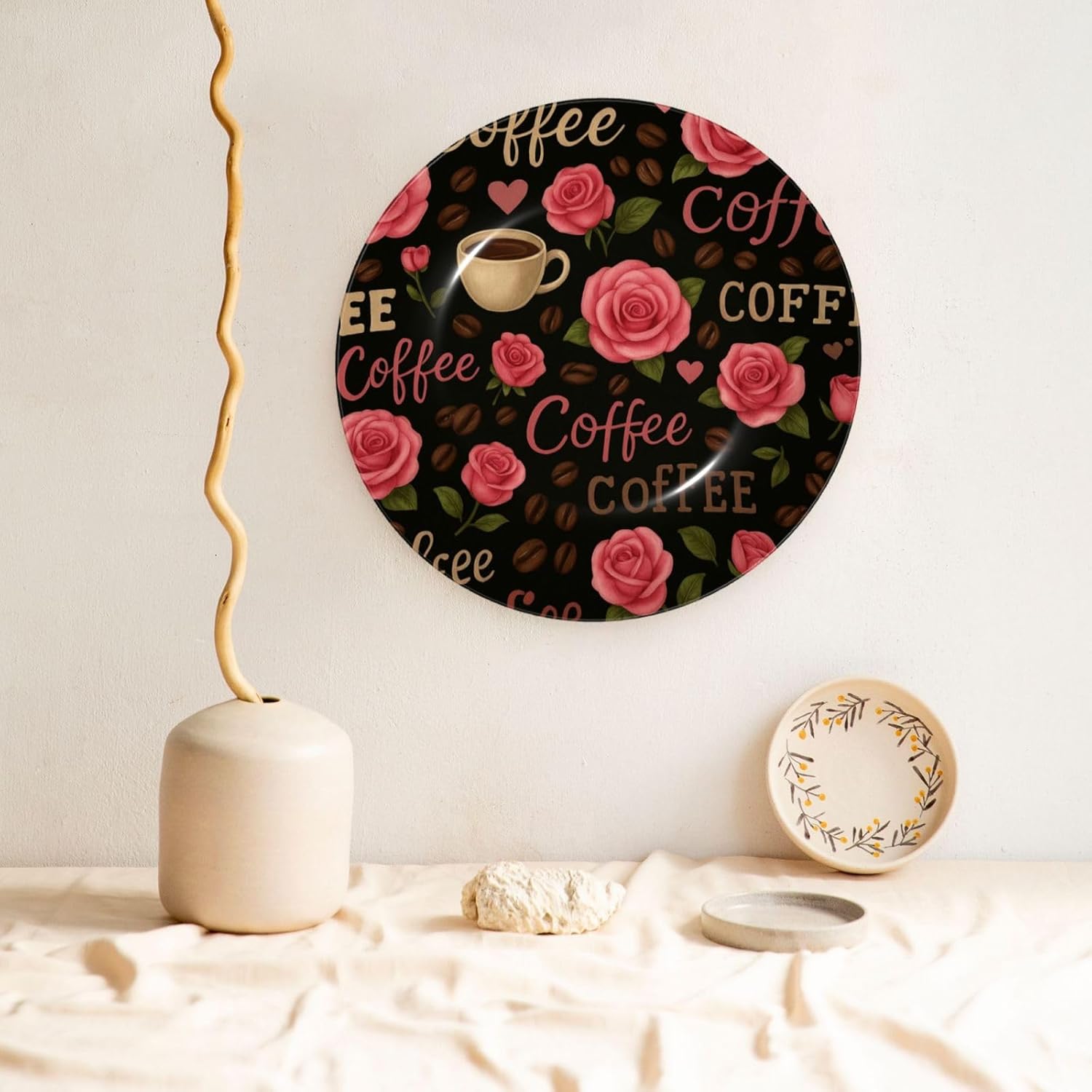 Coffee Lovers Pattern 10 Inch Decorative Plate With Stand, Elegant Display Wall Plate For Home Decor