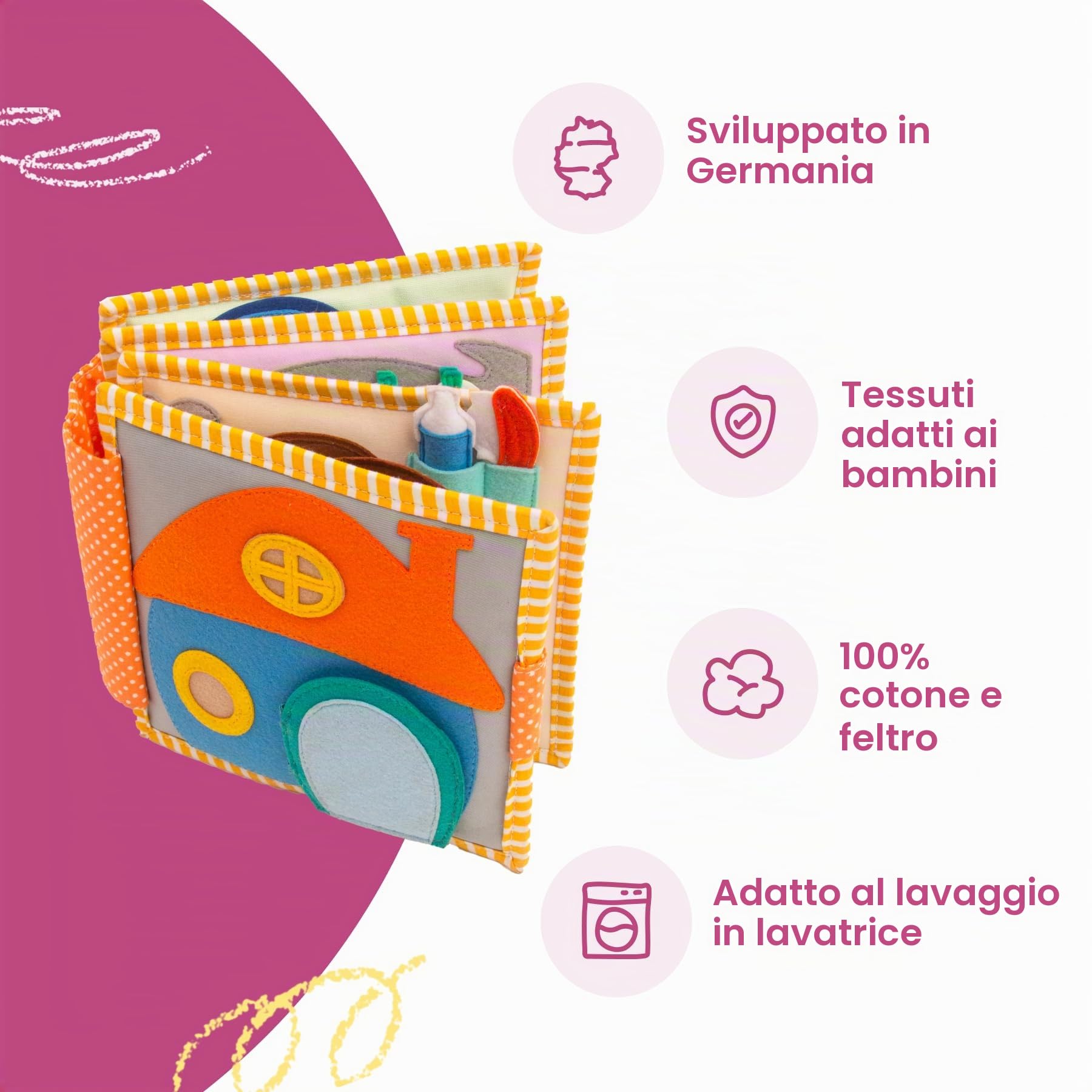 Jolly Designs Mini Quiet Book Beinvenue a Moi – Giocattolo Montessori da 2 anni – Libro sensoriale & Libro tessuto per bambini – Busy Book fatto a mano in feltro – Giocattolo educativo e di viaggio