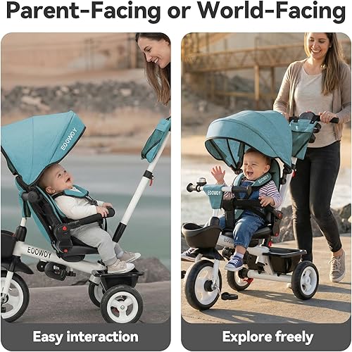 Miniatura 4 de Triciclo para niños pequeños con mango de empuje, triciclo 7 en 1 con asiento giratorio de 360, respaldo reclinable, ruedas todo terreno, frenos