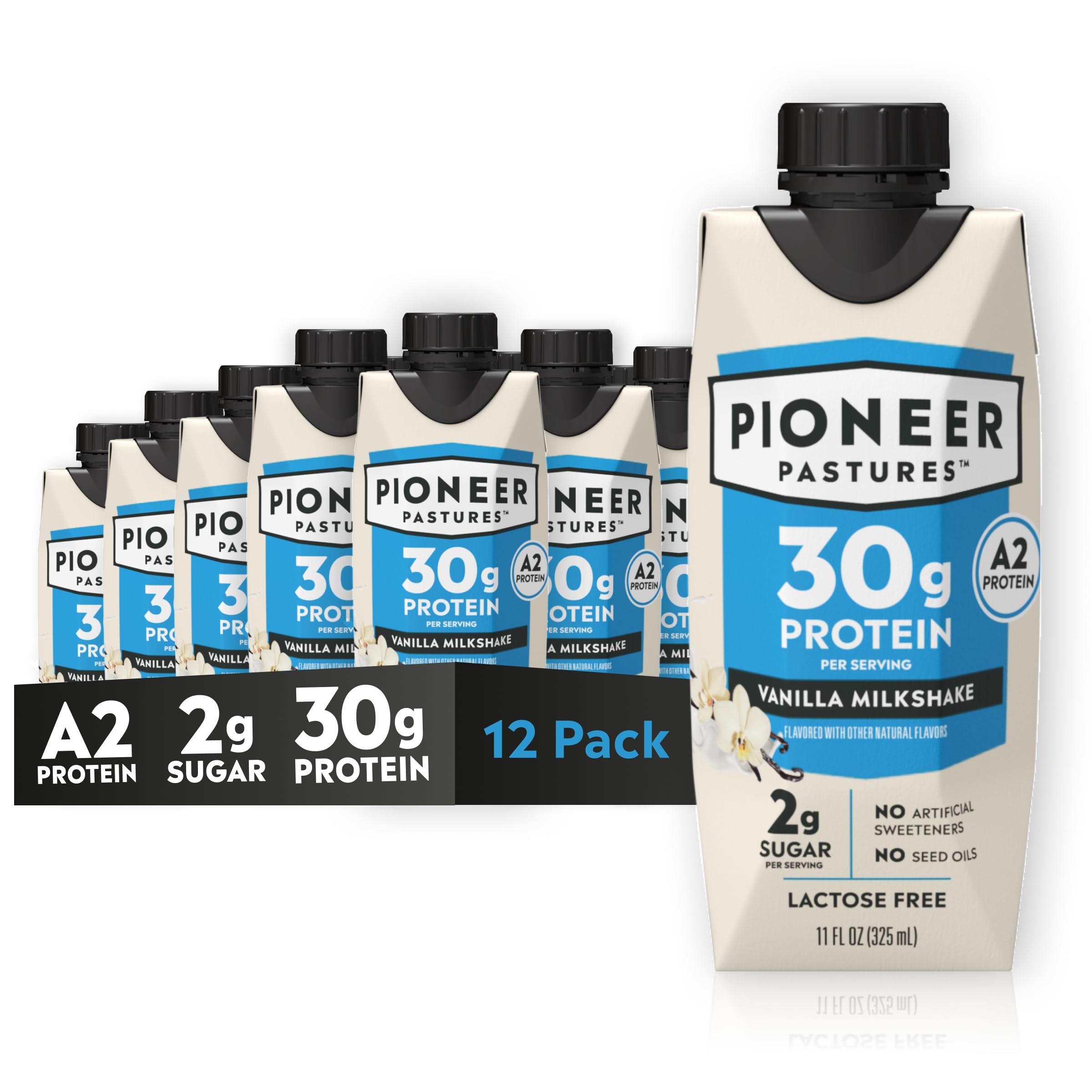 Pioneer Pastures - High Protein A2 Milkshakes - Vanilla - A2 Nutritional Milk, 30g Protein, 2g Sugar, No Sweeteners, No Seed Oils - All-Natural,