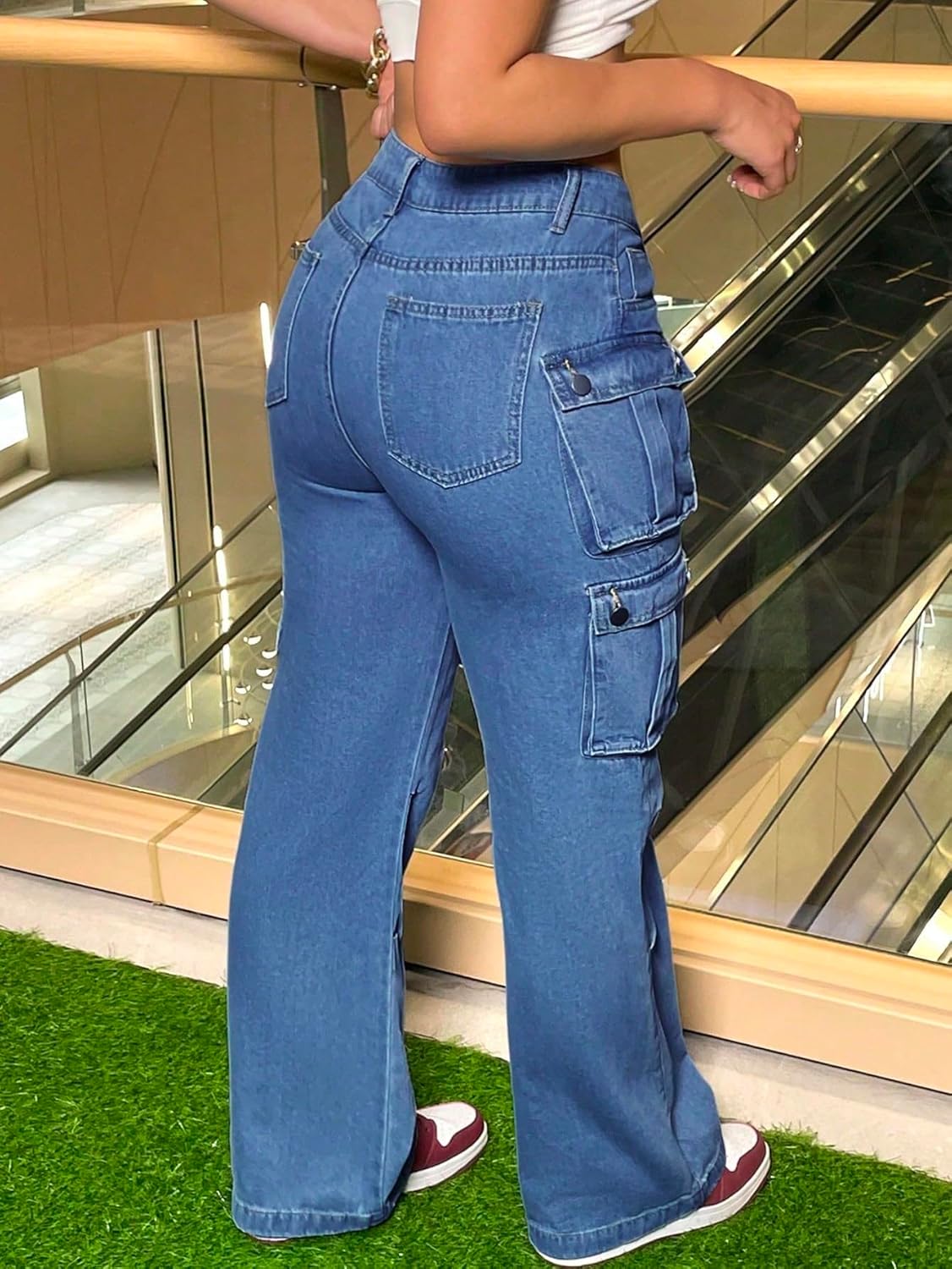Cargo Pants for Women Baggy Mid Waisted Straight Pants Trendy Streetwear Wide Leg Denim Pants with 8 Pockets