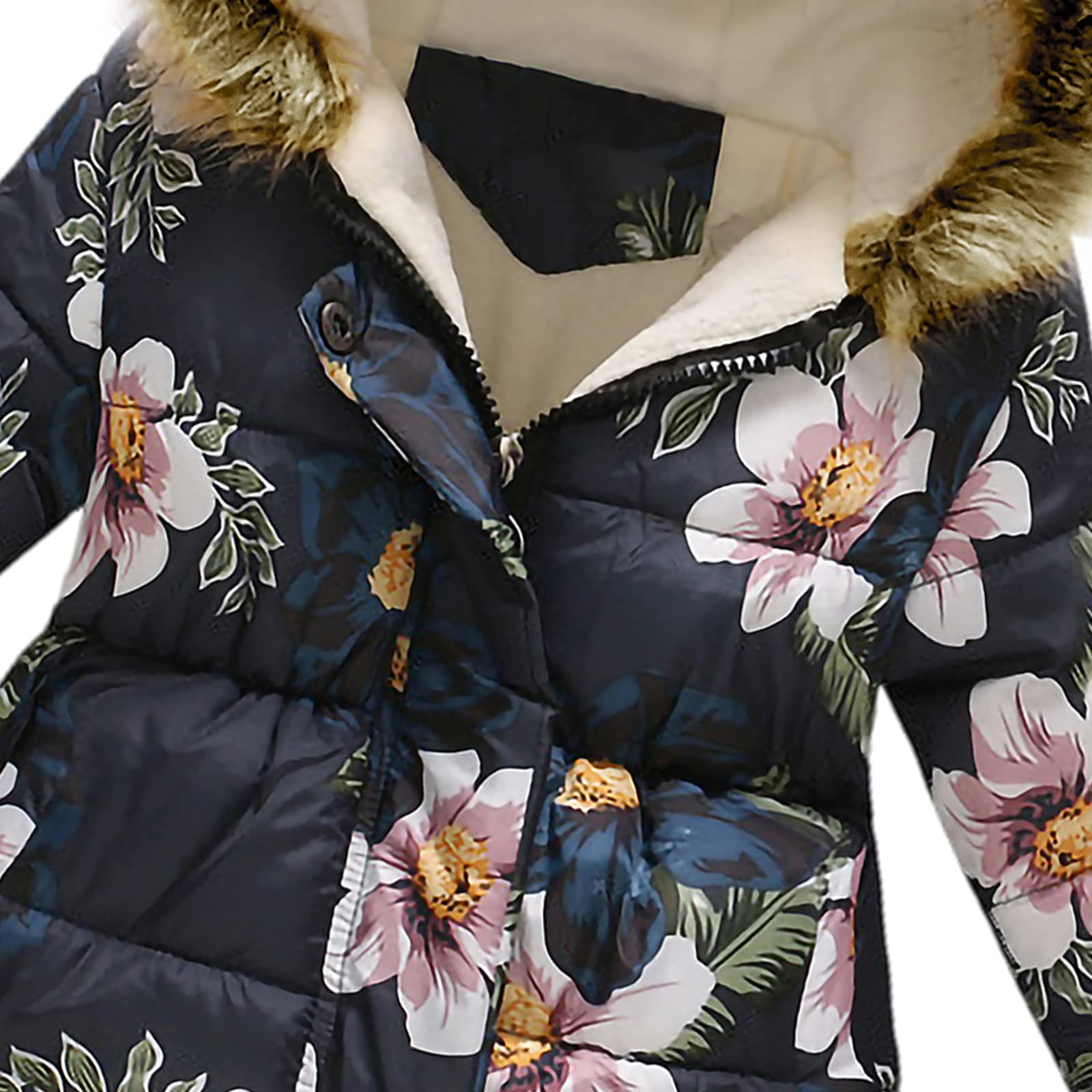 amropi Mantel Mädchen Geblümt Winterjacke mit Fellkapuze Warme Wintermantel Kinderjacke für 2-10 Jahre