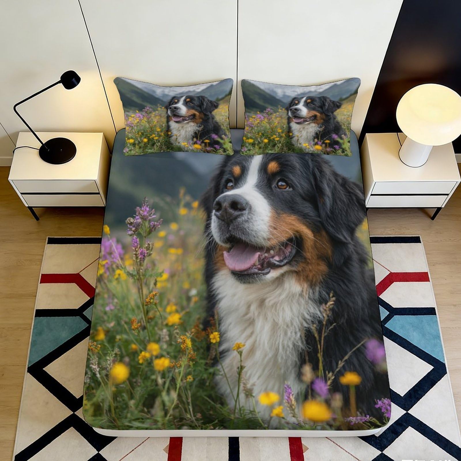 Jqzkxnhpbr Style-5 3D Printed Bernese Mountain Dog Fitted Sheet Microfiber Soft Floral Meadow Bed Cover Non Slip Machine Washable Bedroom Decor 90X200x25cm