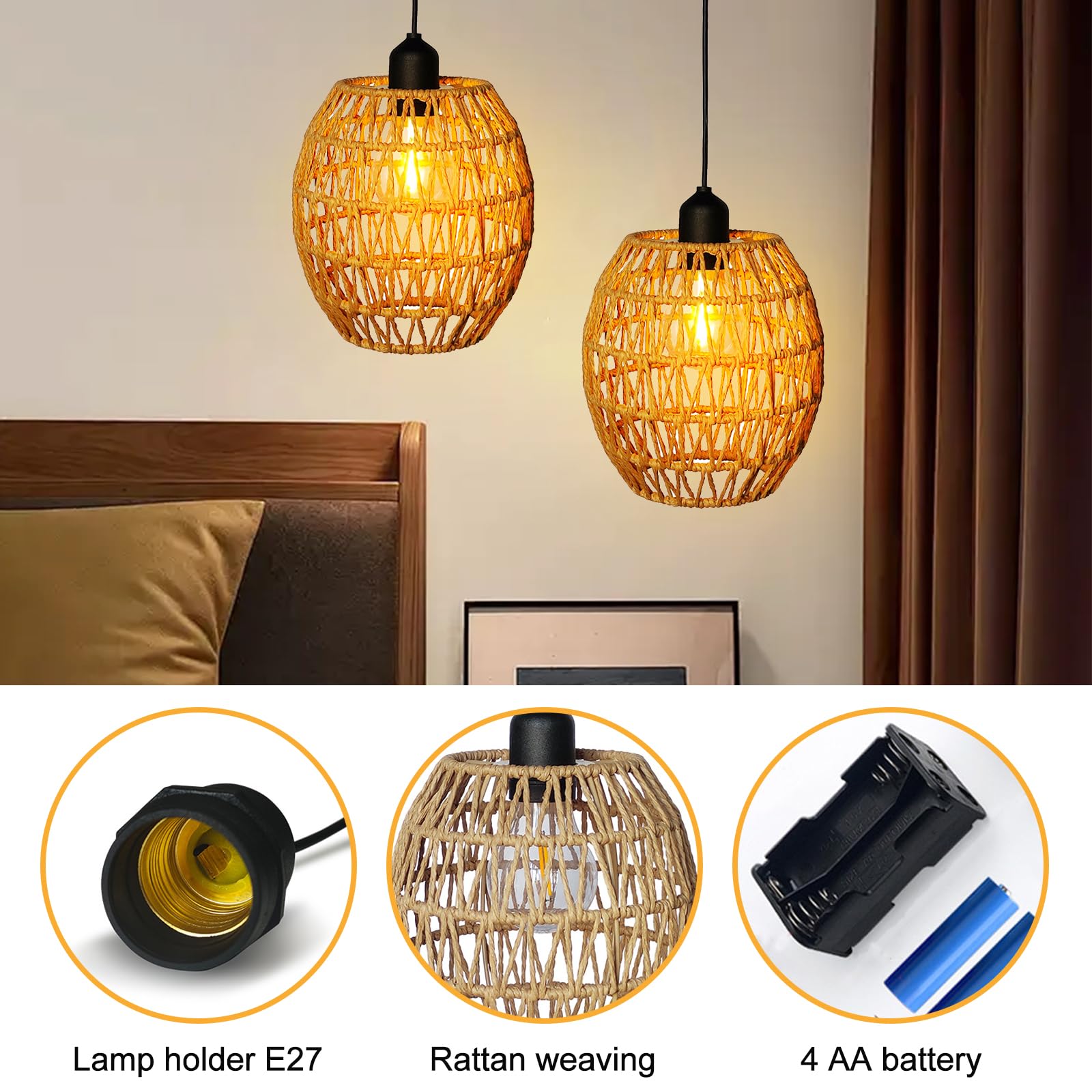 Lámpara colgante con batería 2 piezas, lámpara colgante con batería con mando a distancia, cesta de ratán, lámpara bohemia de cuerda de cáñamo, lámpara sin conexión de alimentación para patio, salón