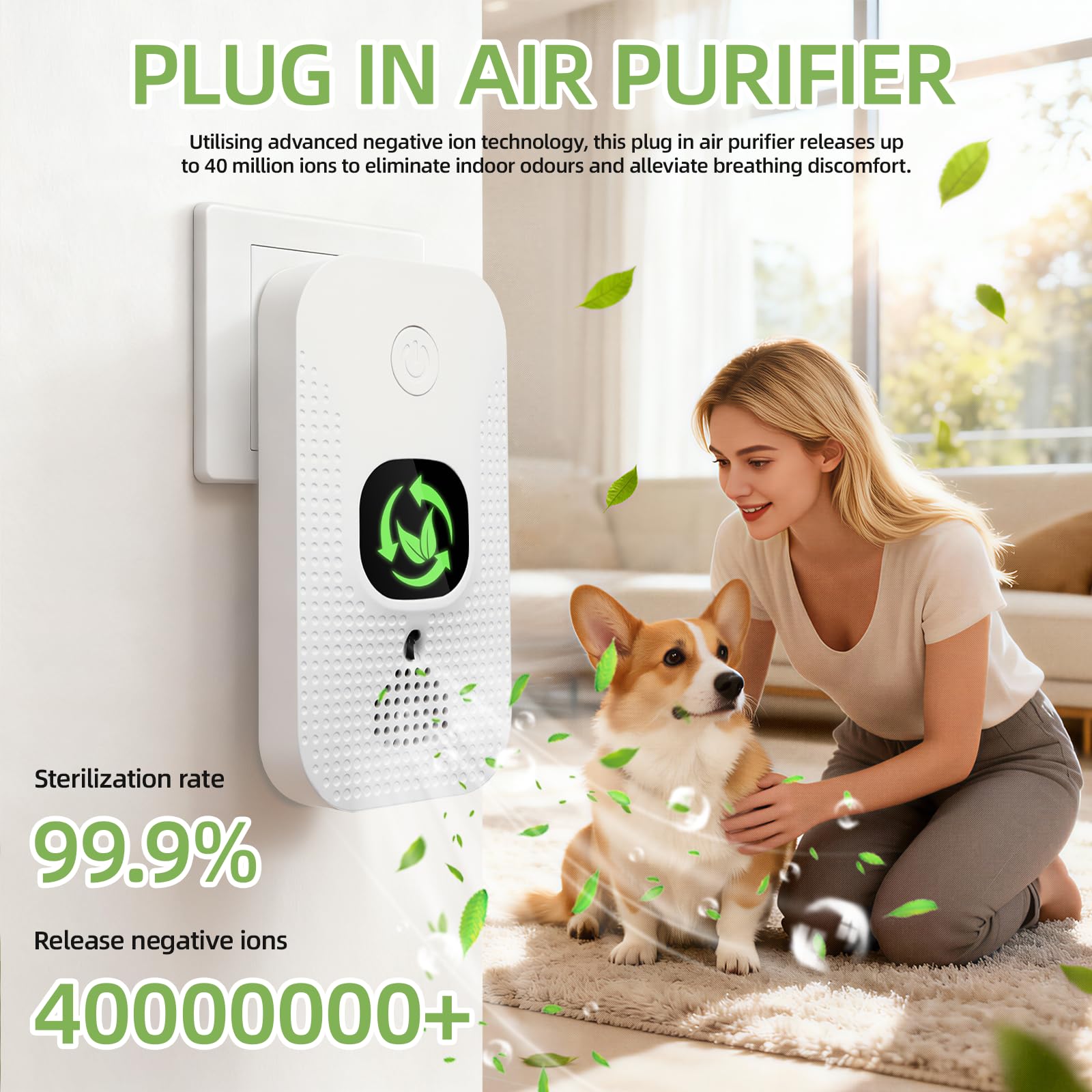 Purificatore d'aria per casa e camera da letto, mini ionizzatore plug-in con ioni negativi, eliminatore di odori di fumo, animali domestici e scarpe, silenzioso e senza filtro, per cucina/ufficio - 2