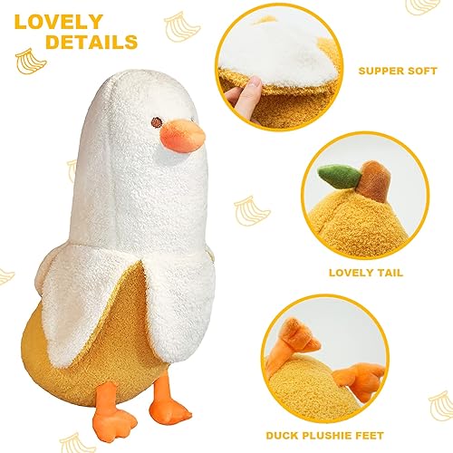 Miniatura 10 de PEACH CAT Almohada de peluche de pato de plátano, lindo peluche de plátano para niñas y niños, color blanco, 27.5 pulgadas