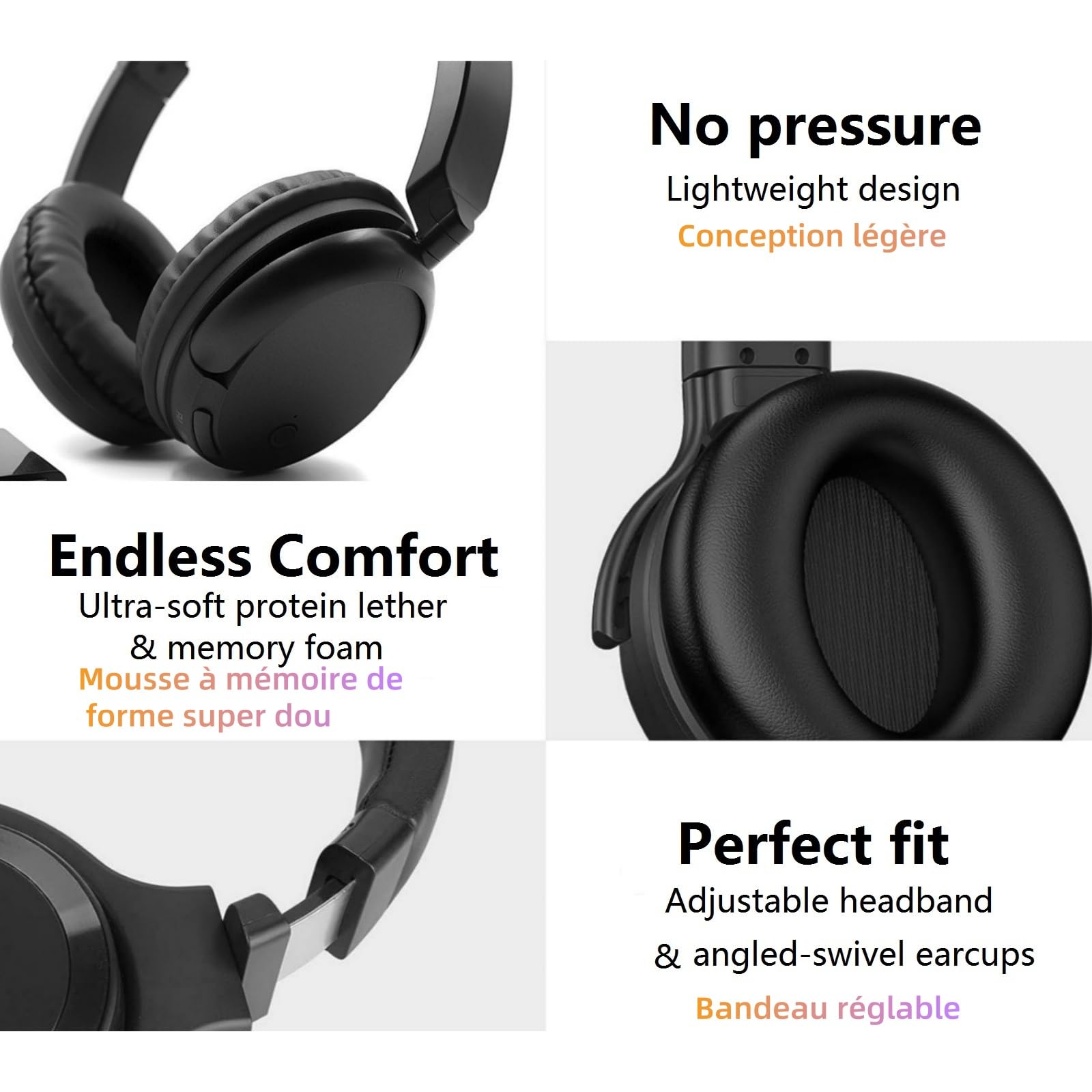 Casque Bluetooth sans Fil avec Radio FM, Casque Supra-Auriculaire sans Fil pour La TéLéVision, L'Ordinateur Et Le TéLéPhone, Conception Ultra-LéGèRe pour Les Adolescents Et Les Seniors (Noir)