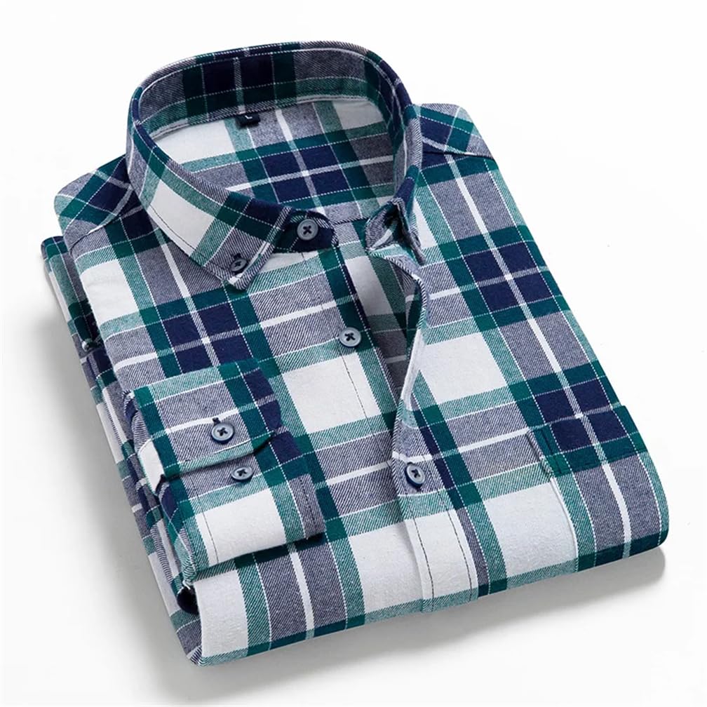 Adhdyuud Camisas de cuadros suaves para hombre, estilo casual, ajuste regular, franela de algodón, manga larga, camisa de vestir a cuadros