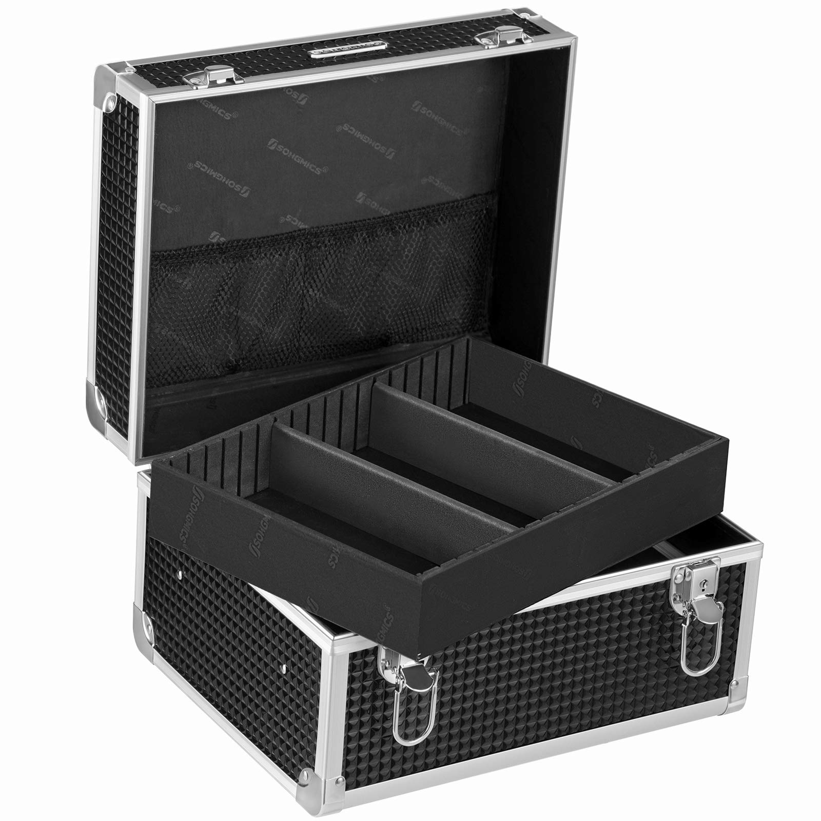 SONGMICS Kosmetikkoffer, Make-up Koffer für Reisen, Schminkkoffer, Aufbewahrung, für Friseure und Visagisten, mit herausnehmbarem Tablett, mit Schlössern, schwarz JBC328B01
