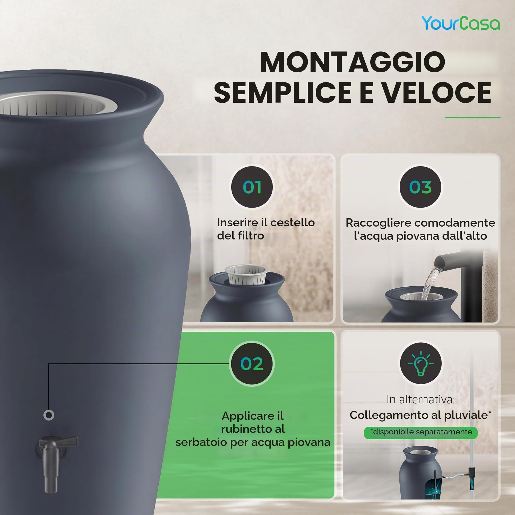 YourCasa Serbatoio Acqua Piovana 120 L, con Rubinetto e Filtro | Raccoglitore acqua piovana decorativo a forma di anfora, in plastica riciclata resistente UV, per giardino e terrazza