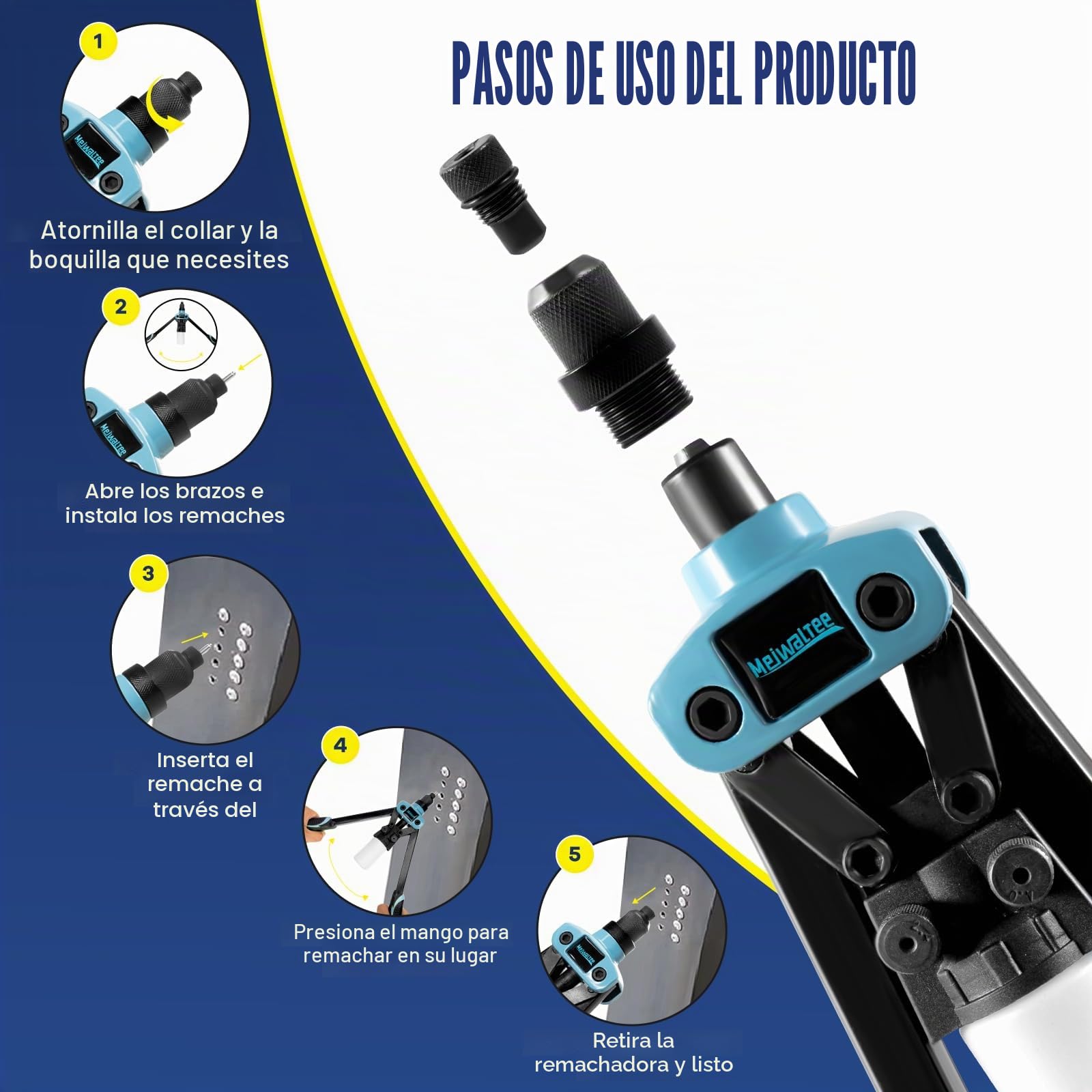 13" Remachadora Manual Profesional 5 en 1 con 100 Remaches, Pistola Remachadora con 5 Boquillas Intercambiables 6,4-2.4 MM Apta para Remaches de Acero, Acero Inoxidable y Aluminio