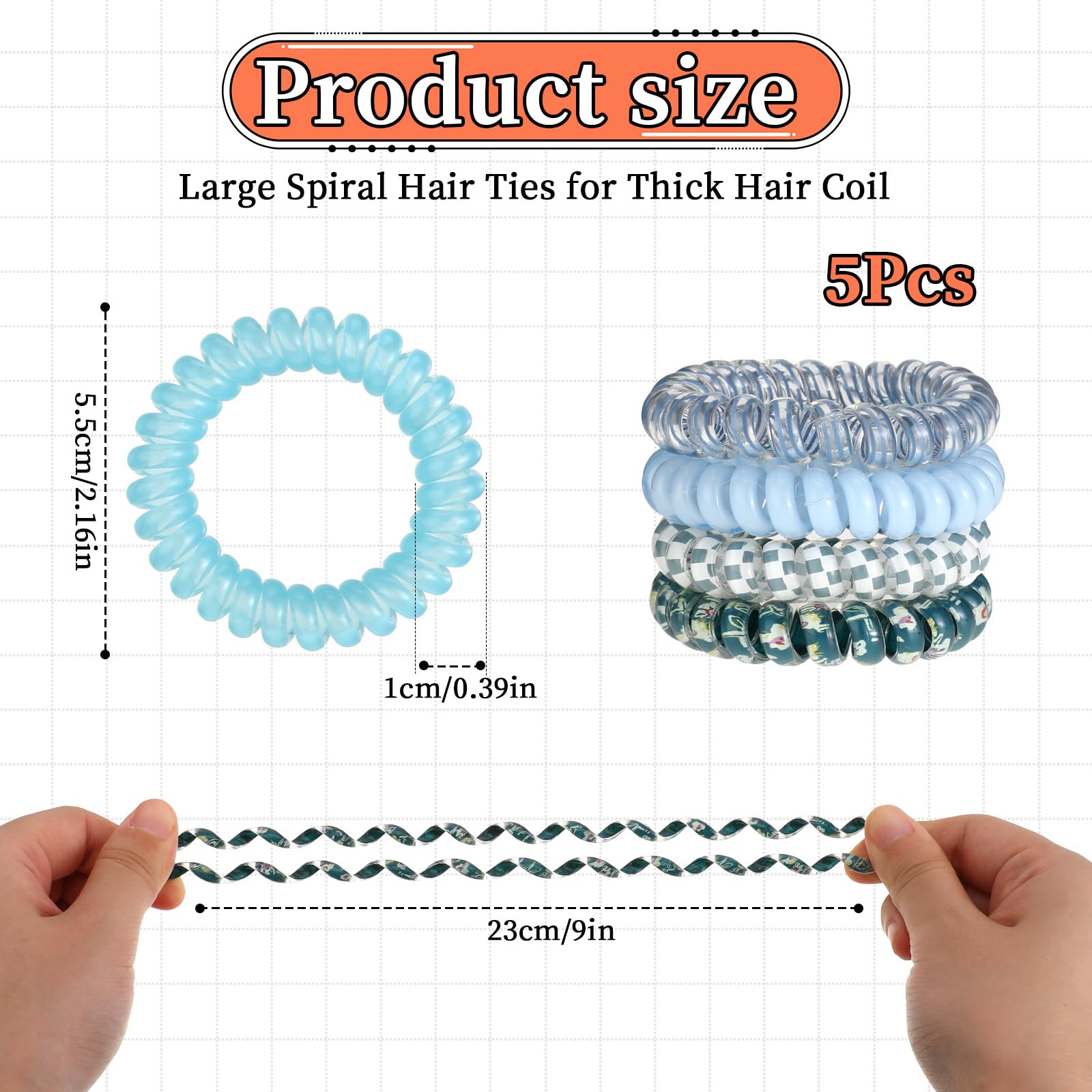 JJUNW 5 Stück Spiral Haargummis, Mehrfarbig groß Telefonkabel Haargummi Elastisch Zopfgummi Elastisch Haarband für Damen und Mädchen(Blaue Serie)