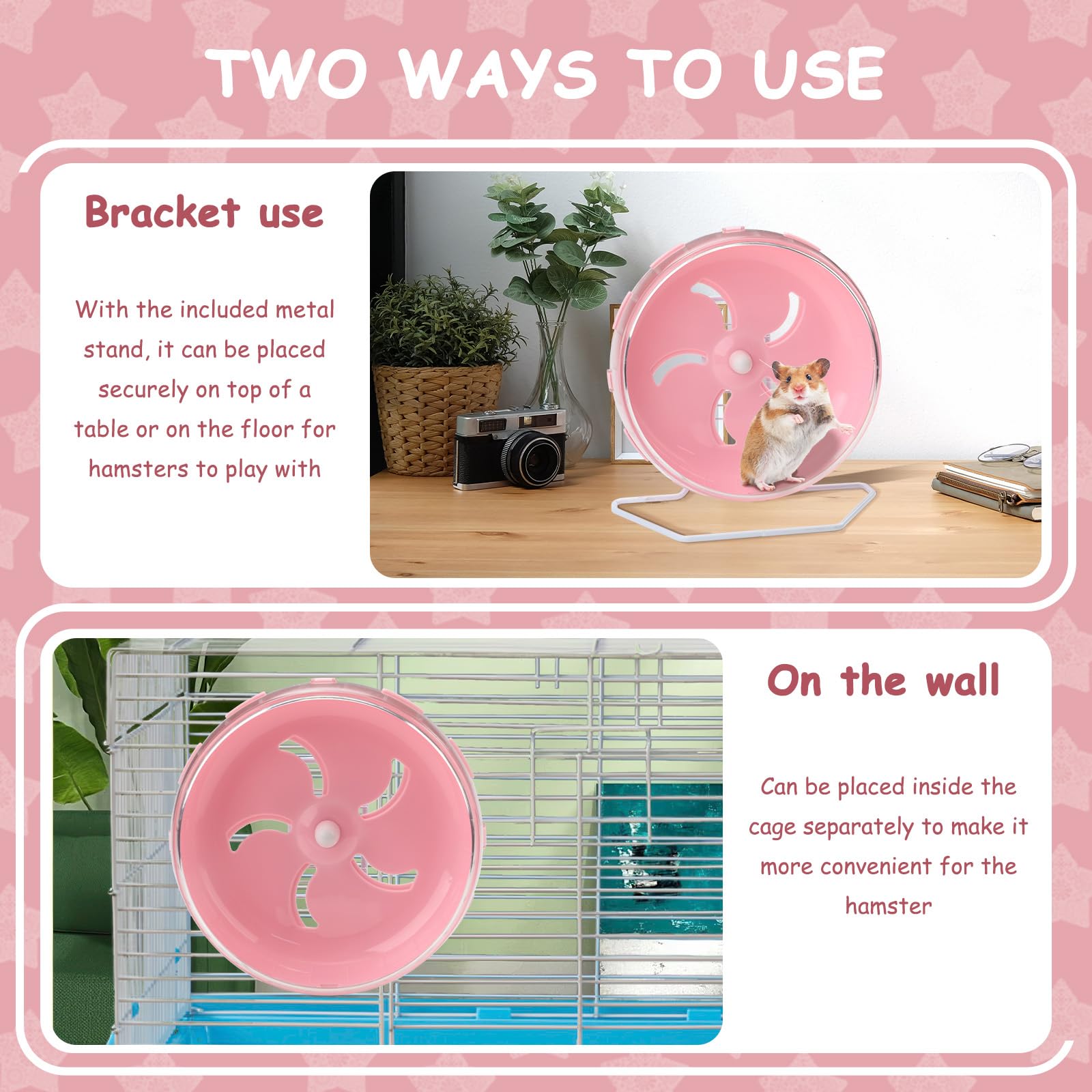 Pink 8.4" Silent Hamster Wheel with Height-Adjustable Stand, Quiet Spinning Hamster Exercise Wheels, Small Animal Chinchilla Running Toys Cage Accessories for Gerbils Mice Rats (Pink) - image 6