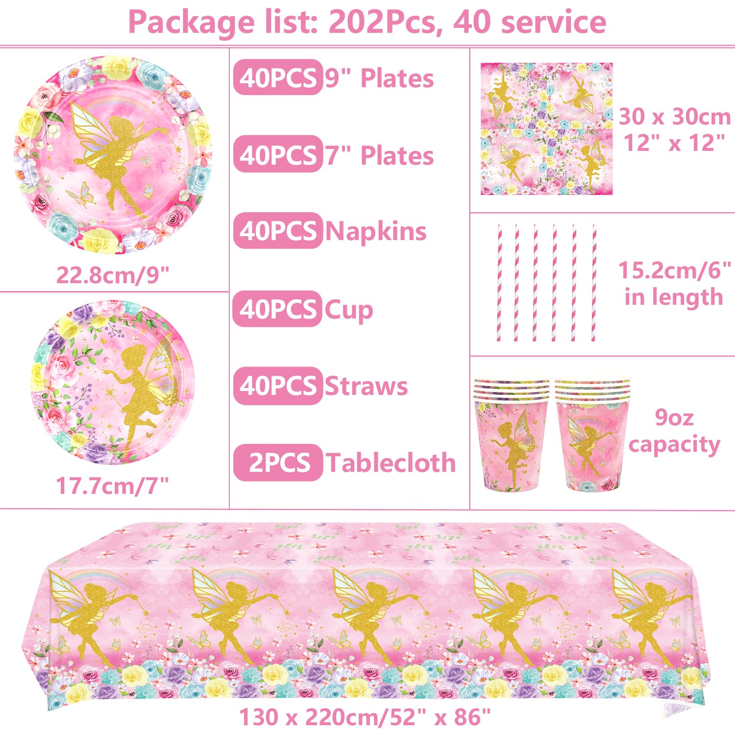 Suministros de fiesta de hadas – Vajilla de fiesta de hadas – Platos de cena, platos de postre, vasos, servilletas, mantel de popotes para decoración de fiesta de cumpleaños de princesa, mariposa,