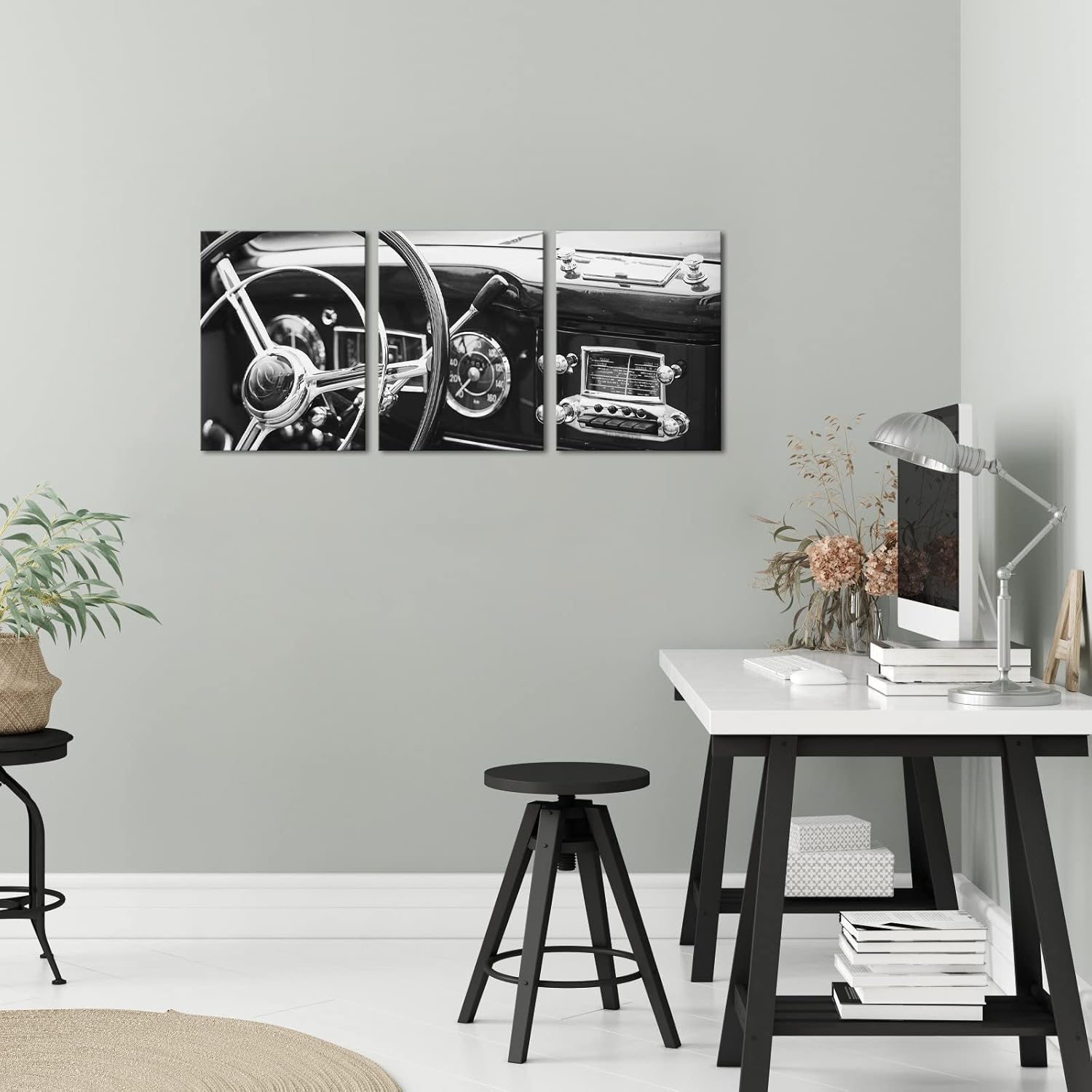 LoveHouse Vintage Car Canvas Wall Art Mens Room Art Prints Black and White Classic Car Pictures Prints