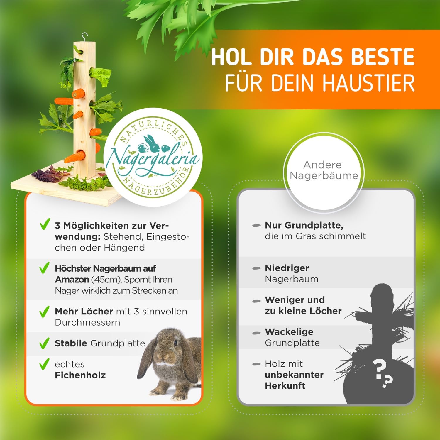 Futterbaum Kaninchen Meerschweinchen mit Bodenplatte aus Holz und Erdspieß fürs Freigehege Hasen | Heuraufe Kaninchen