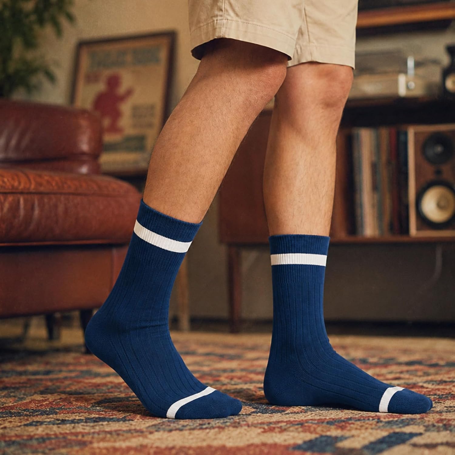 WANDER Classic Retro Stripe Calf Socks for Men & Women - Breathable, Ribbed Cuff, Combed Cotton Crew Socks 3-Pack 7-10