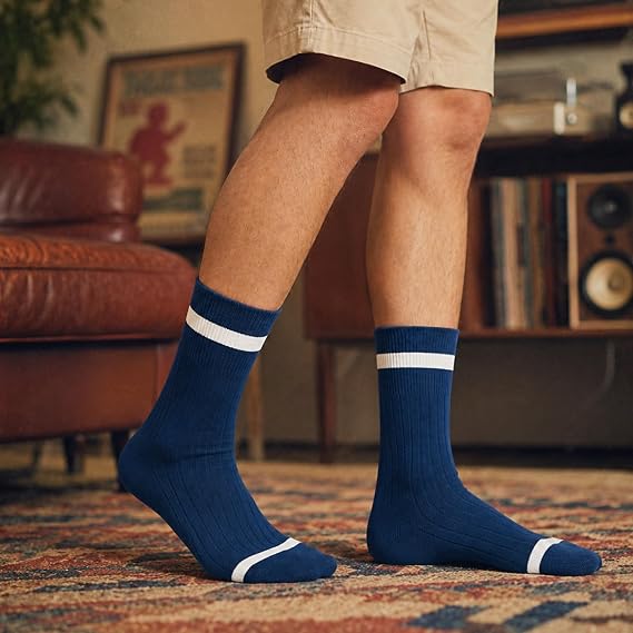 WANDER Casual Crew Socks Classic Stripe Cotton for Men & Women 7-10 3-Pack