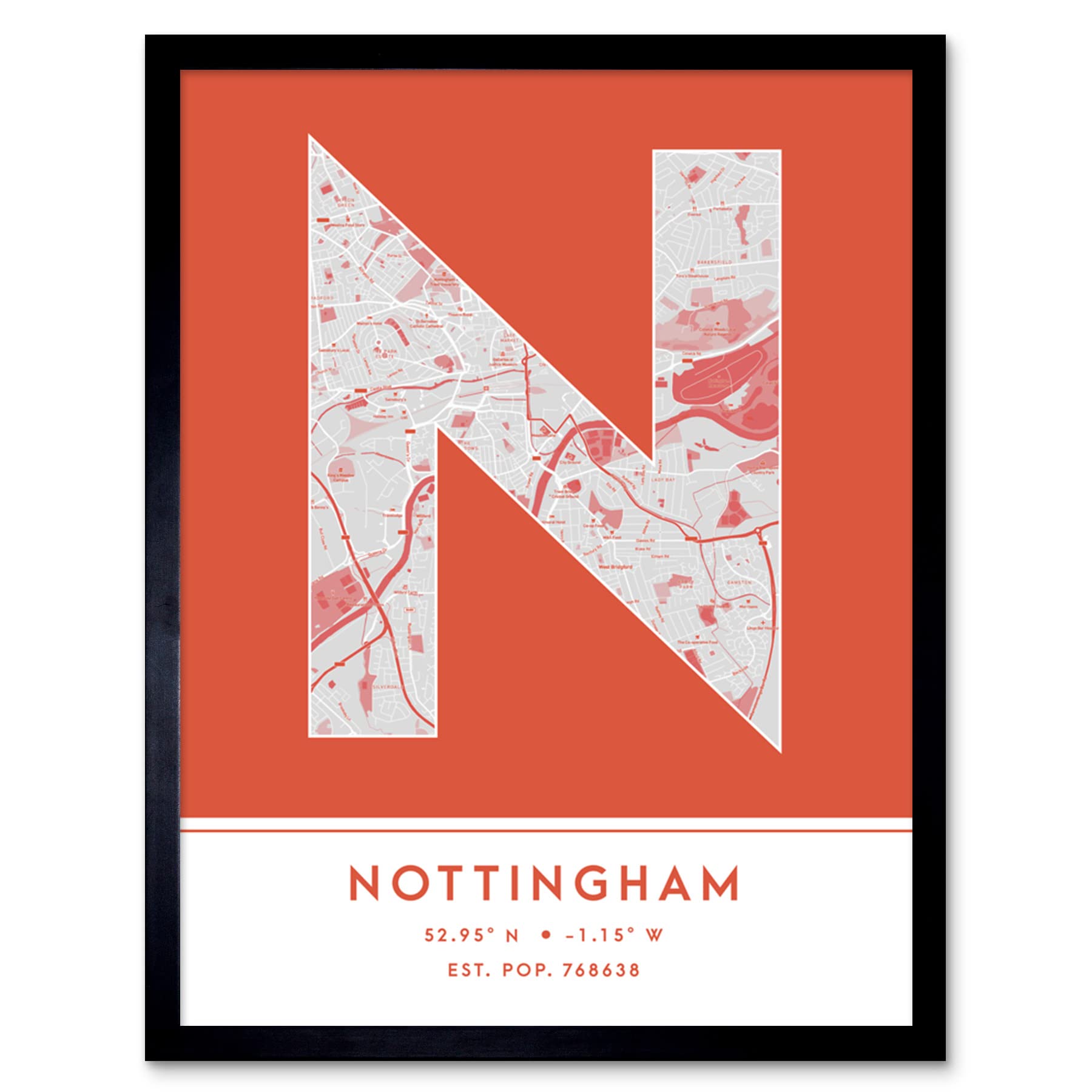 Wee Blue Coo Nottingham England United Kingdom City Map Orange Colour Block Modern Typography Stylish Letter Framed Word Wall Art Print Poster for Home Décor CITYMAP1