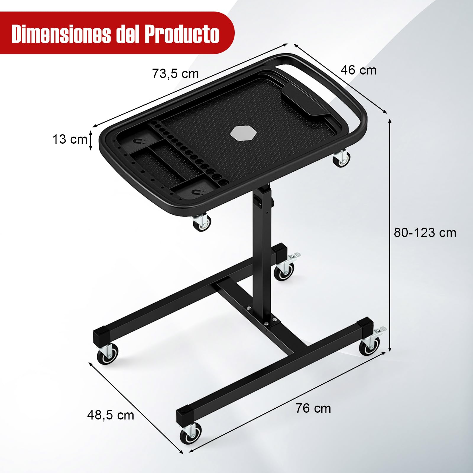 COSTWAY 2 en 1 Bandeja de Herramientas Rodante, Mesa de Trabajo Ajustable con Bandeja Desmontable, Carrito Portátil Mecánico con 4 Ruedas para Garaje, Taller de Reparación, Carga Máxima de 60 kg