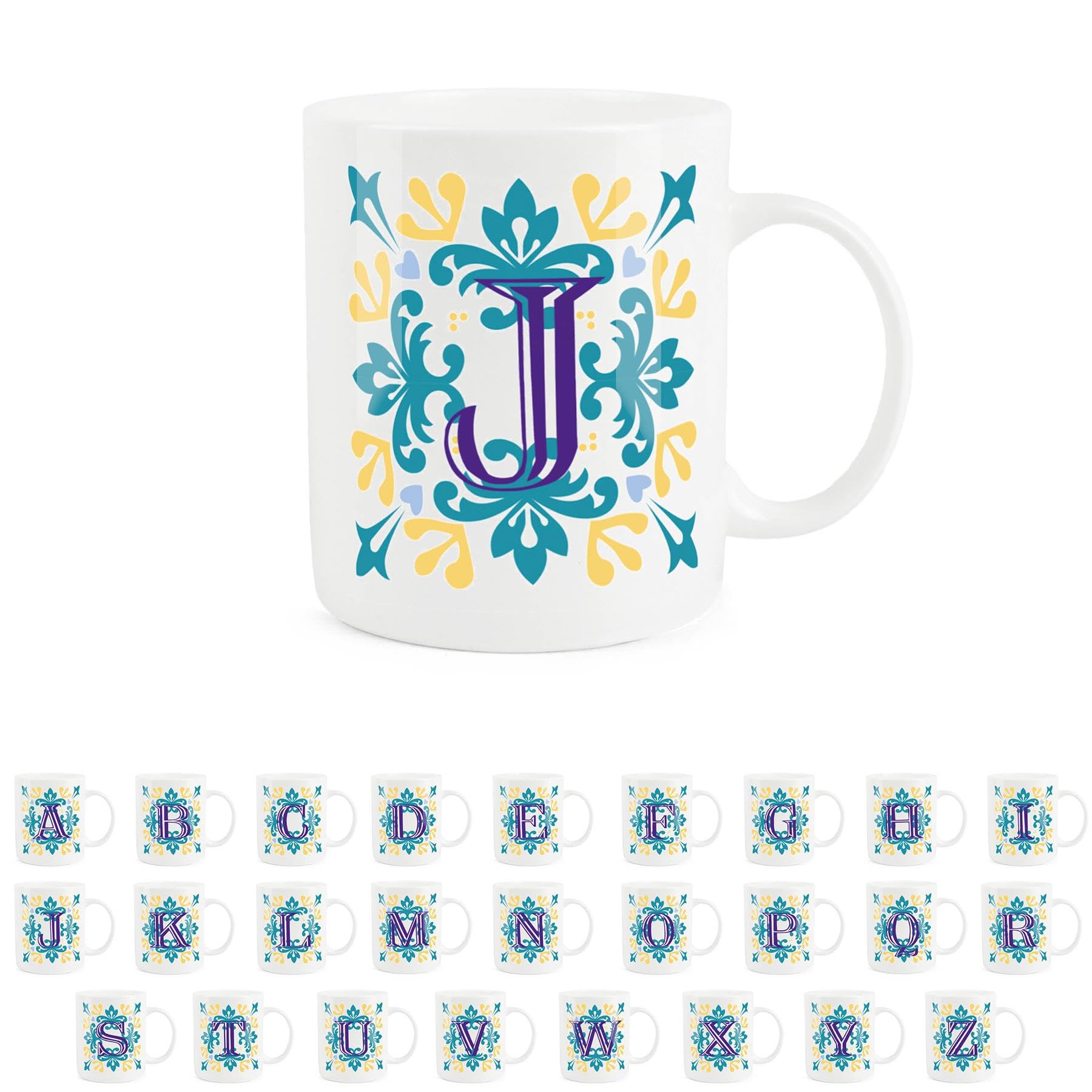 Purely Home Moroccan Tile Yellow & Blue Letter J Mug - White Initial Personalised Alphabet Tea Coffee Bone China Mug