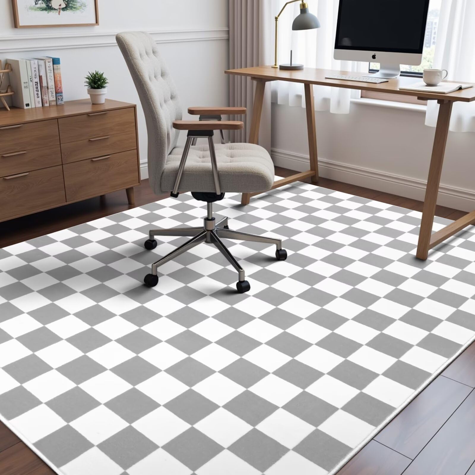 Terrug Alfombra a cuadros gris y blanca para dormitorio, alfombras lavables de 4 x 6 pies
