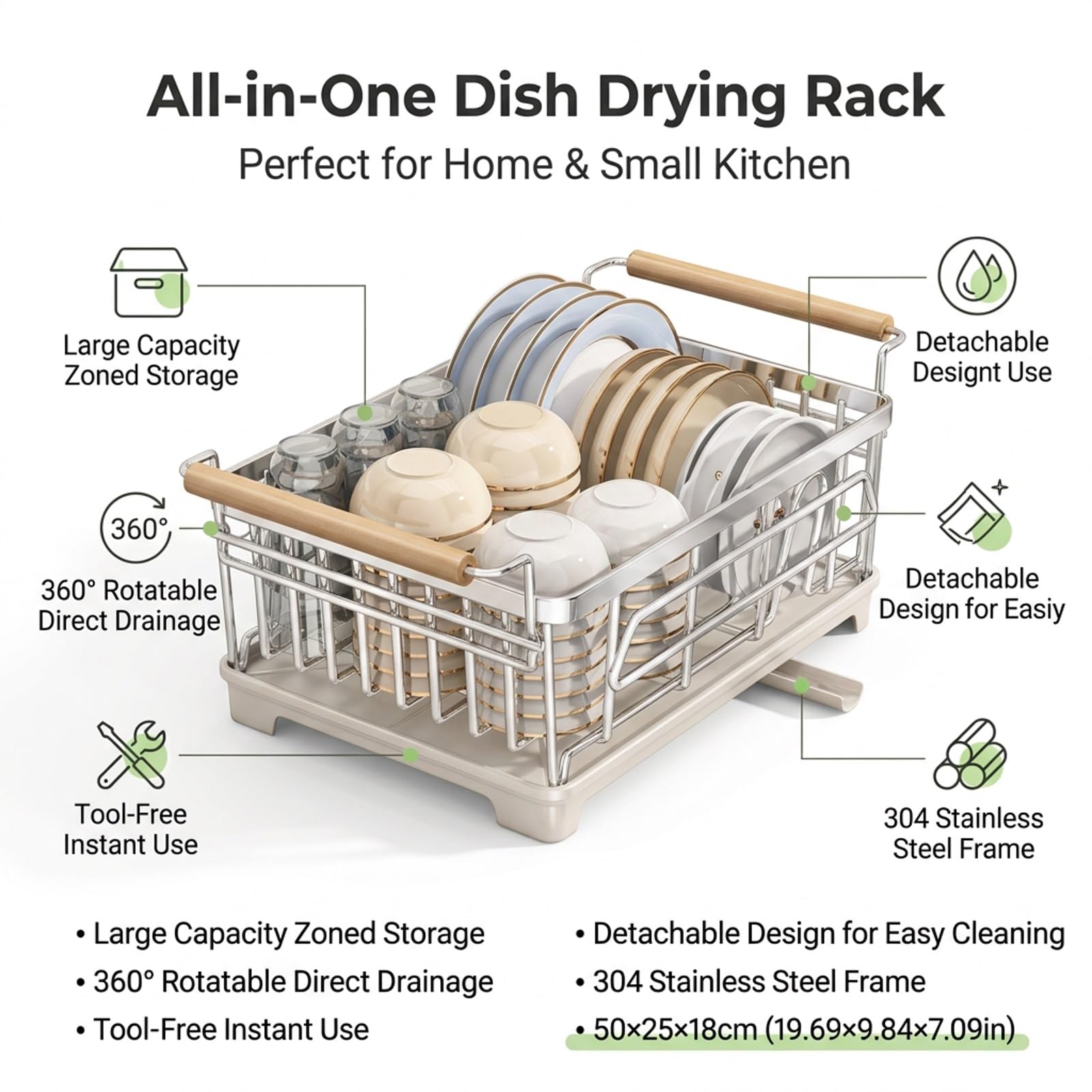 Escurridor de platos de acero inoxidable 304, para encimera de cocina | Acero inoxidable 304, bandeja de drenaje extraíble, organizador de cubiertos, antideslizante(Wit,50cm/19.6in)
