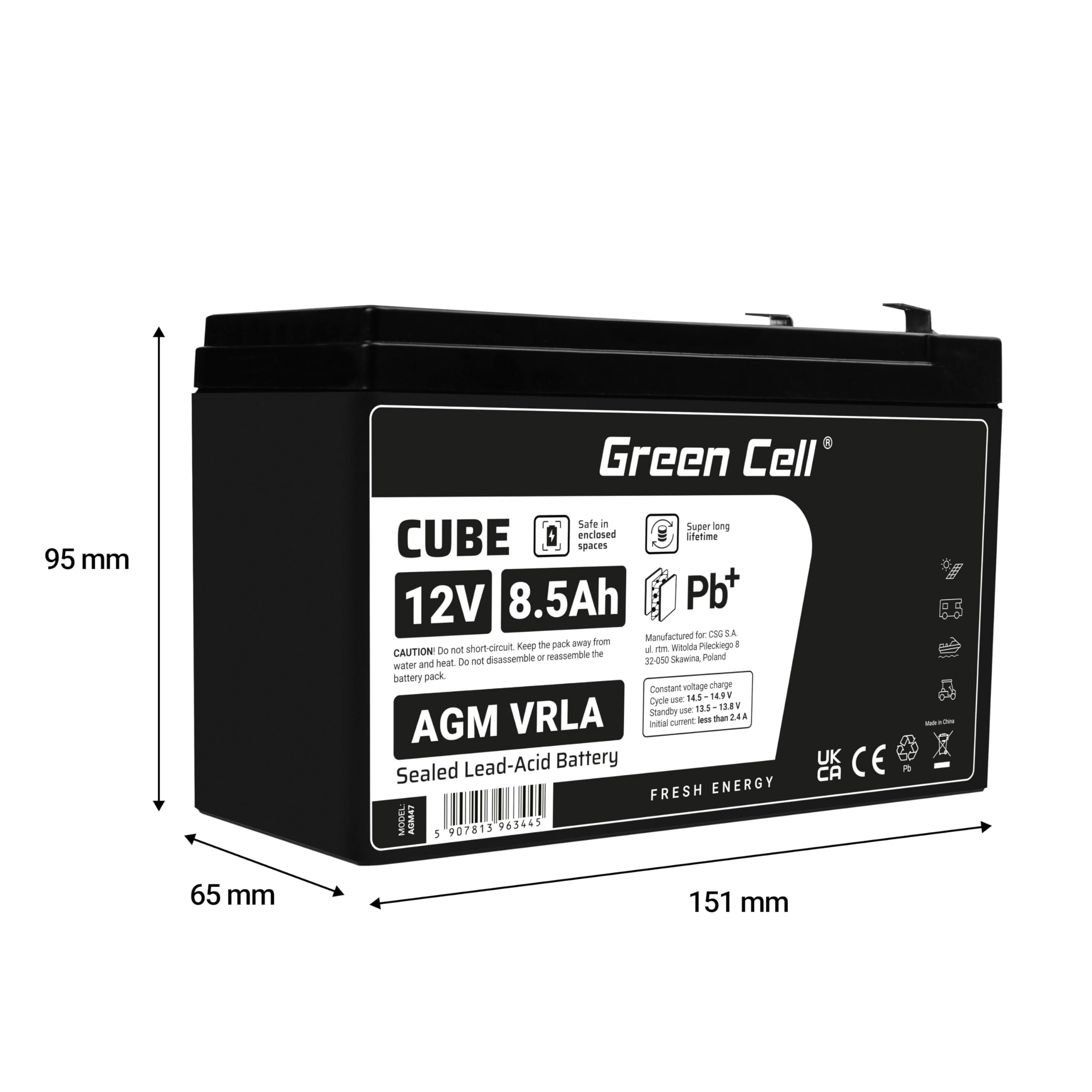 GreenCell® Batteria AGM 12V 8,5Ah al piombo accumulatore sigillata VRLA Senza manutezione ricaricabile Batterie di ricambio ermetica | giocattoli per bambini | allarme| sistemi UPS | eBike | Scooter