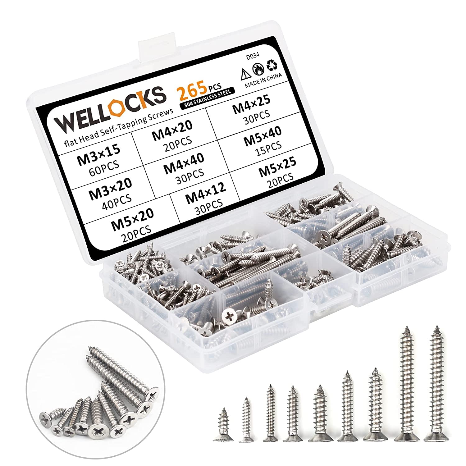 285 Pcs Self Tapping Screws Assortment Set, M2/M3/M4/M5 Stainless Steel