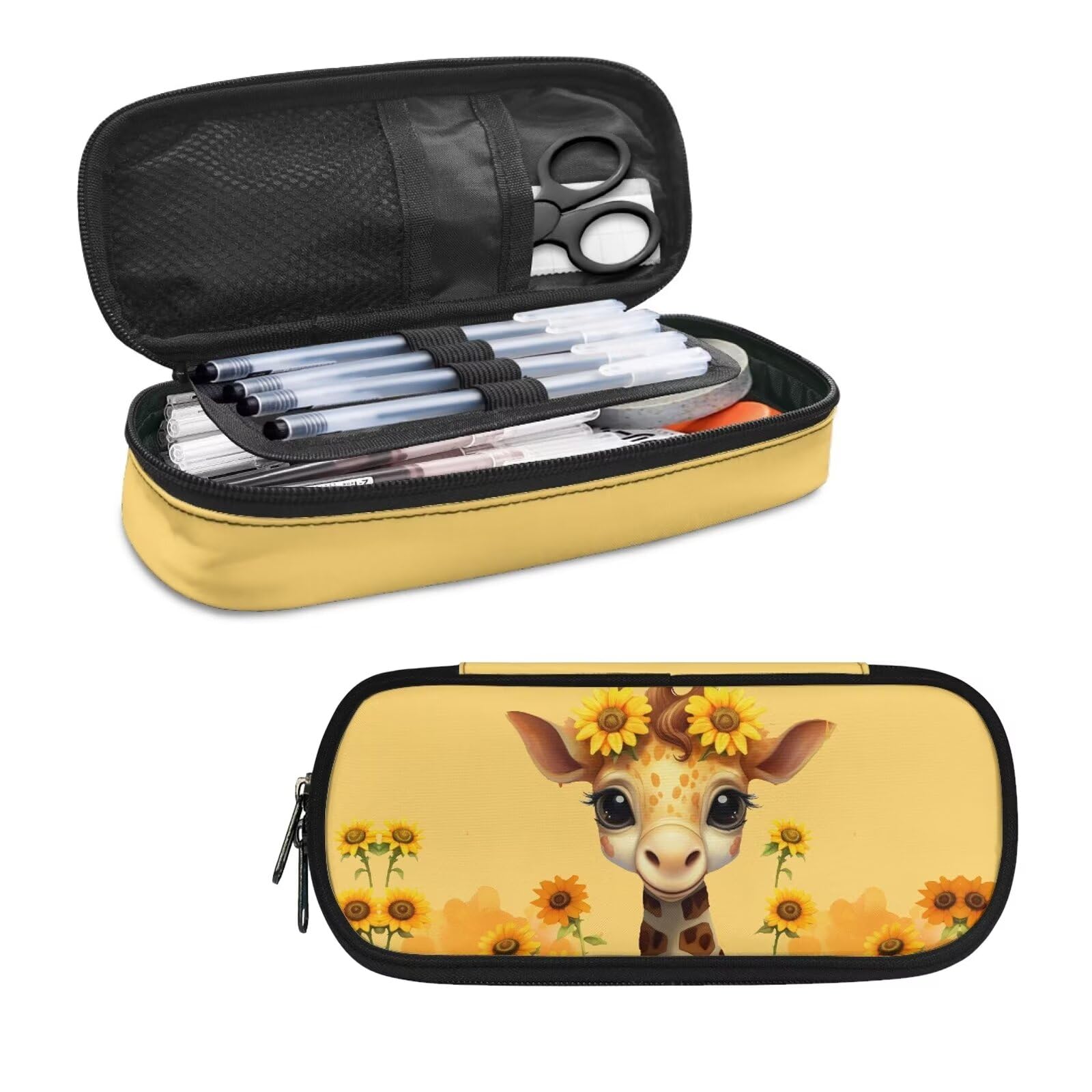 Sunflower Giraffe Pencil Case Large Capacity Pencil Holder Pen Bag Storage Pouch Travel Organzier for Elementary Secondary School Girls Boys Kids School Office Classroom