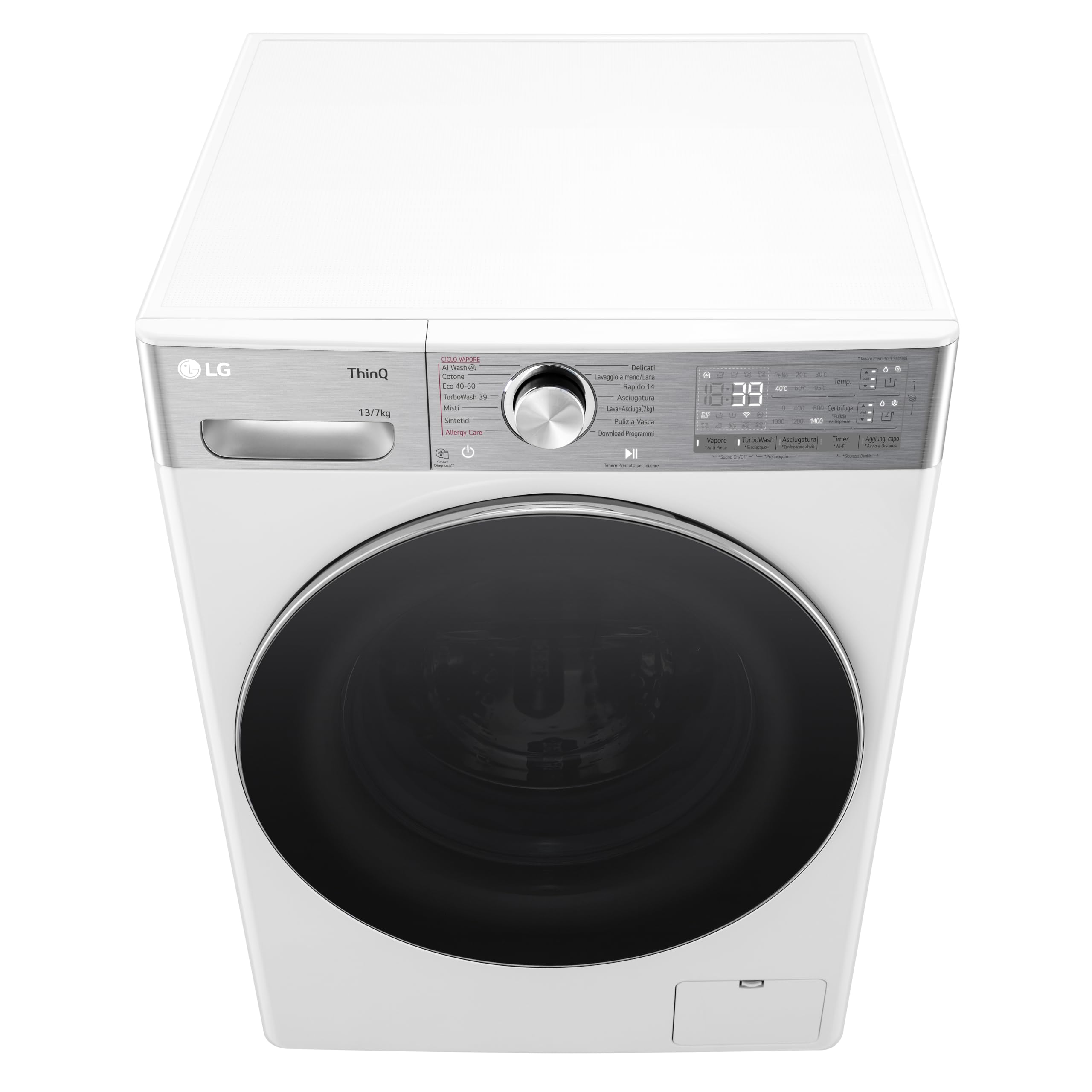 LG AI DD D4R9513TPWC Lavasciuga 13/7kg, Serie R9, Classe D, Lavatrice Asciugatrice, 1400 Giri, TurboWash 360, Vapore Steam+ e Antipiega, Autodosaggio, Wi-Fi, Bianca