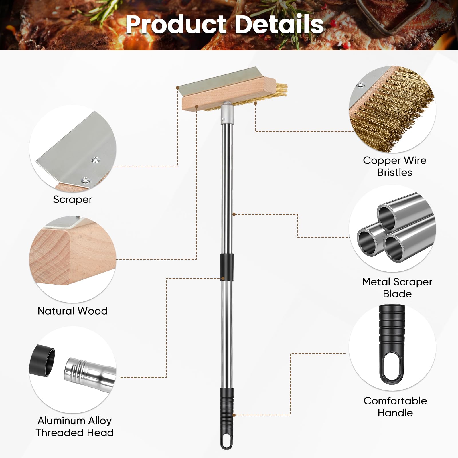Spazzola forno pizza 2 in 1 con raschietto, manico regolabile 145 cm | spazzola per forno pizza in ottone da 25,5 cm per forno pizza a legna, barbecue, cucina, esterno e ristorazione