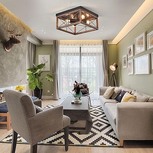 Miniatura 7 de Lámparas de techo de montaje empotrado de 4 luces, lámpara de techo de madera rústica vintage, metal negro, lámpara de techo industrial retro para