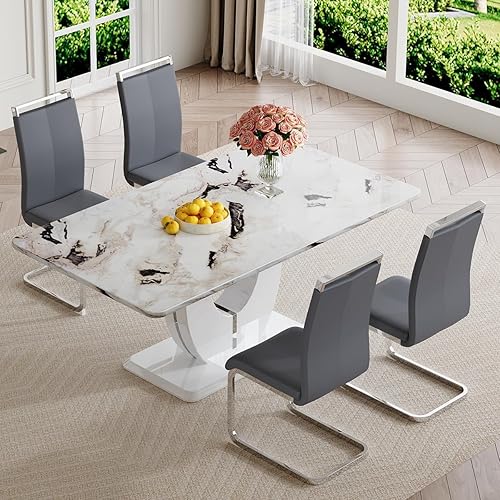 Miniatura 85 de JUFU Juego de mesa de comedor para 6 personas con sillas tapizadas de poliuretano, mesa y sillas de comedor de mármol sintético gris de 63 pulgadas,