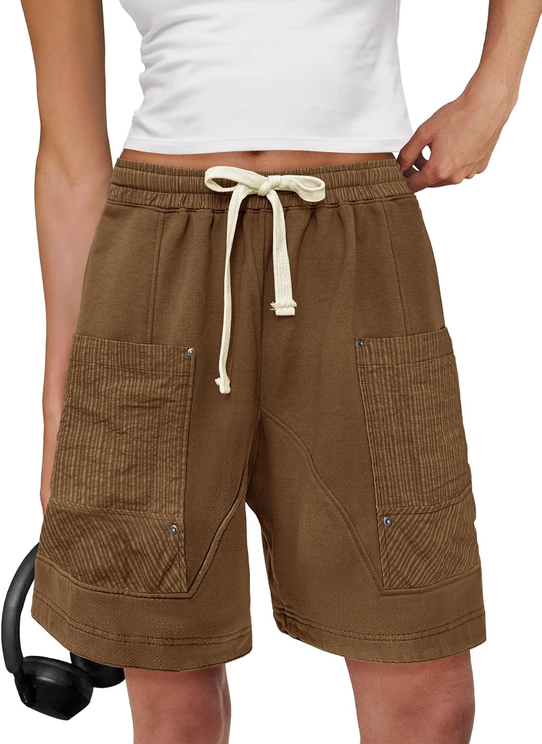 Yanekop Womens Summer Baggy Shorts Drawstring Elastic Waist Casual Cargo Long Shorts Comfy Sweat Shorts with Pockets