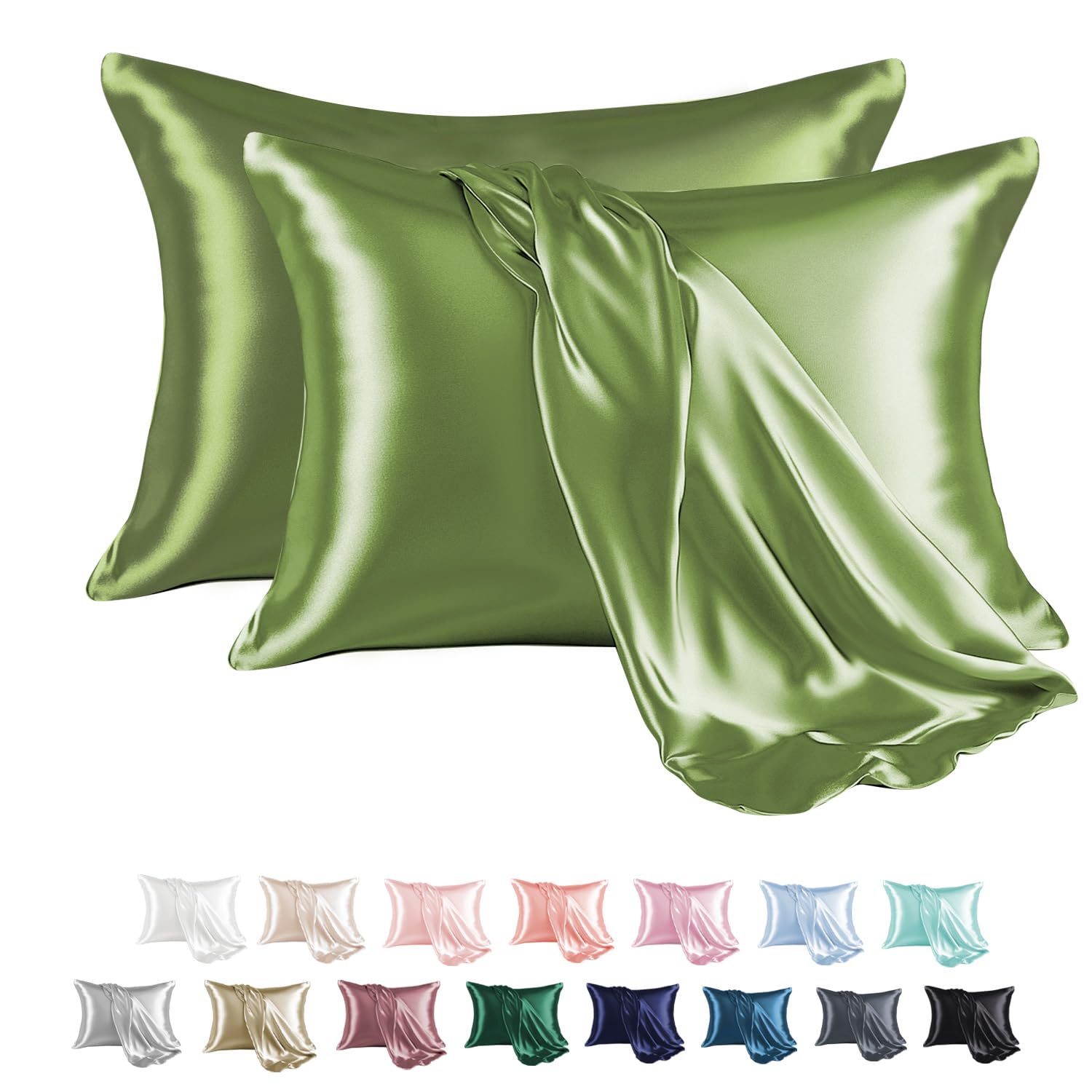 MR&HM Satin Pillowcase for Hair and Skin, Silk Satin Pillowcase 2 Pack, Queen Size Pillow Cases Set of 2, Silky Pillow Cover with Envelope Closure (20x30, Sage)