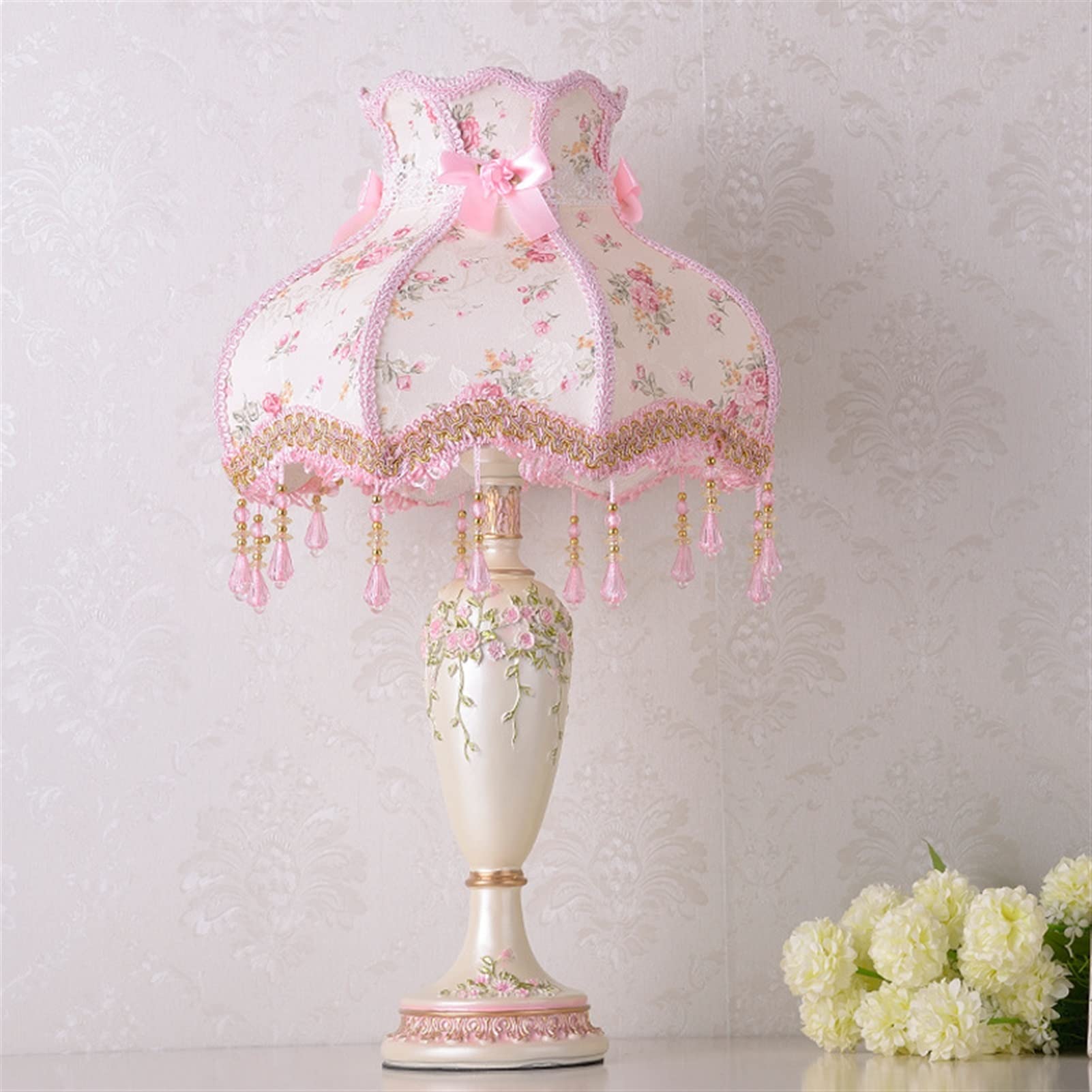 Victorian Nachttischlampe – Handgefertigt Mit Spitzenschirm & Antiker Resin-Basis, 55 Cm Hoch, E27 Fassung