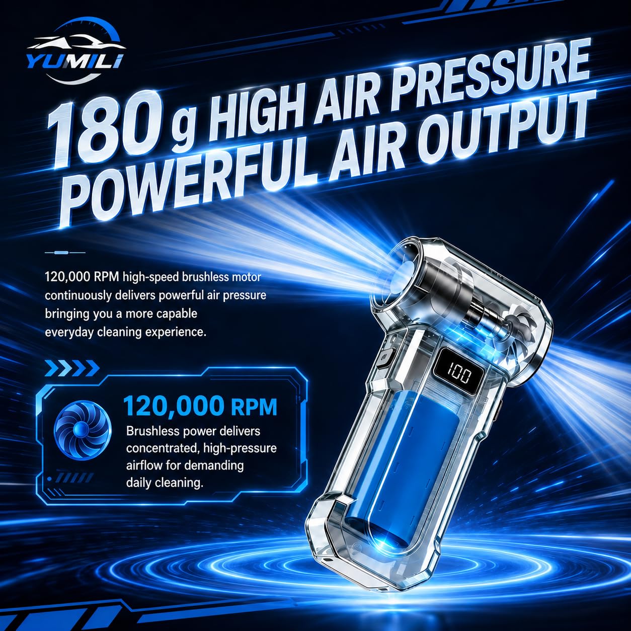 Souffleur Air Comprimé et Aspirateur 2 en 1, 120000 tr/min, 4 Vitesses