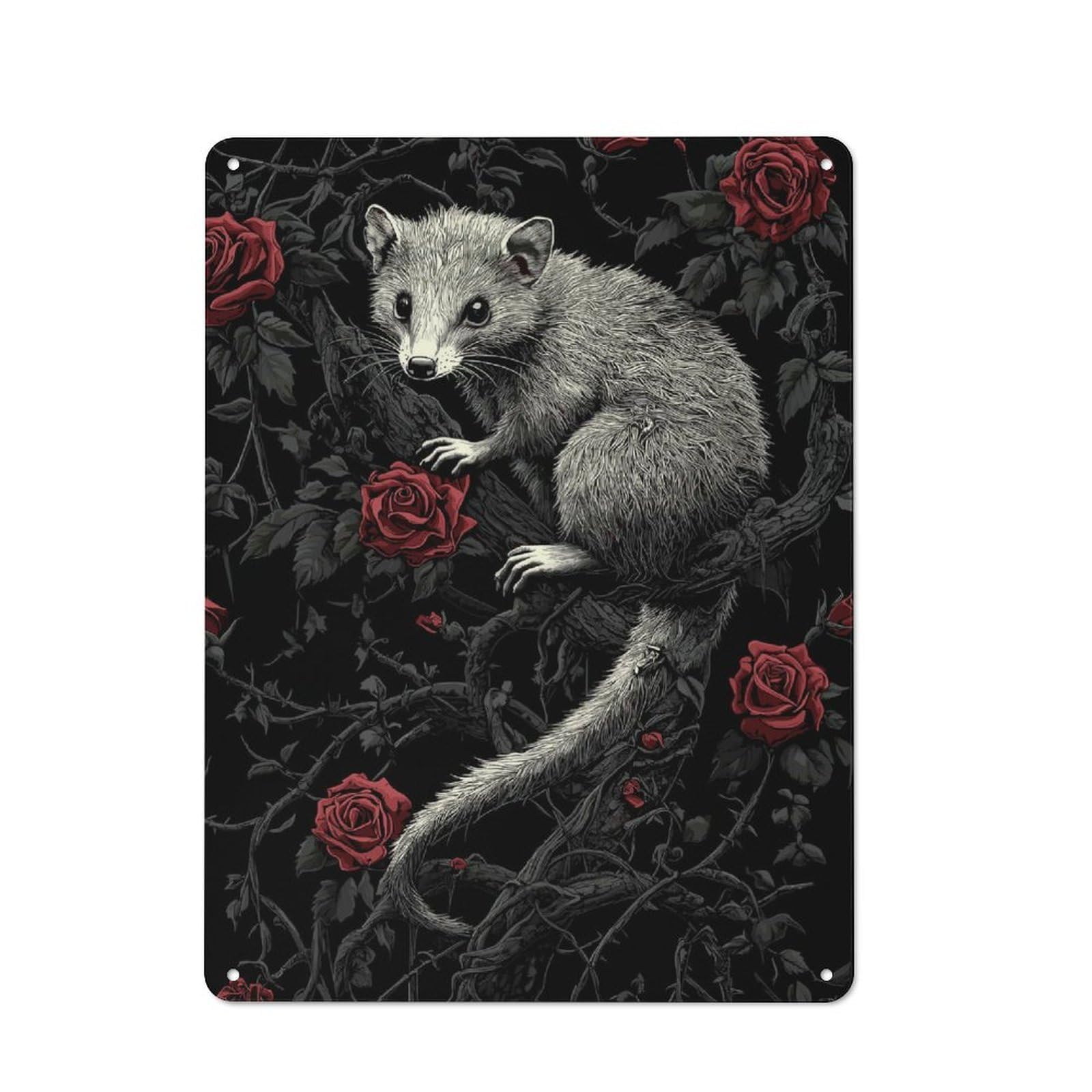 Retro Opossum in Roses Decorative Metal Plaque 40x30cm, Garage Wall Decor for Garage, Workshop, Shed Or Utility Room