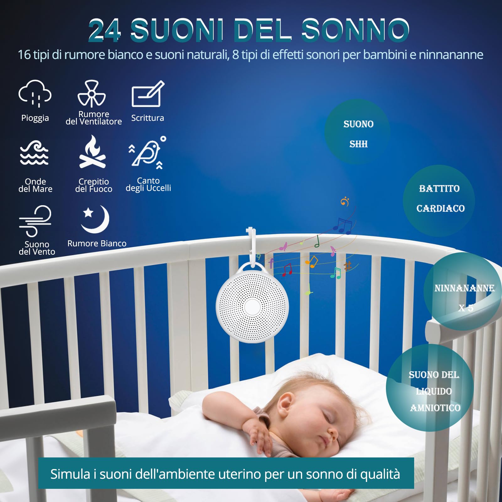 Macchina Rumore Bianco Portatile 24 Suoni Rilassanti 3 Impostazioni del Timer con Luce Notturna Regalo per Bambini/Asili Nido/Dormire/Yoga Meditazione-con Anello da Appendere